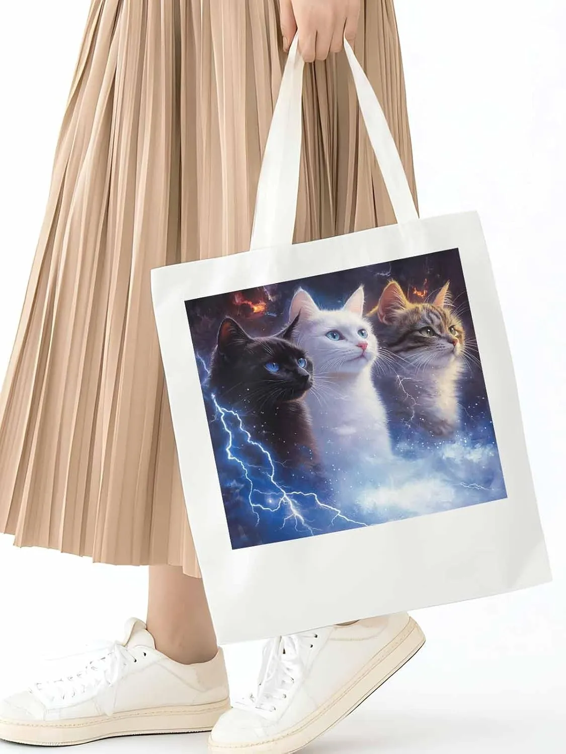 Canvas Tote Bag, Funny Cat Lightning Sky Aesthetic Canvas Tote Handbags for Women Shoulder Bag,