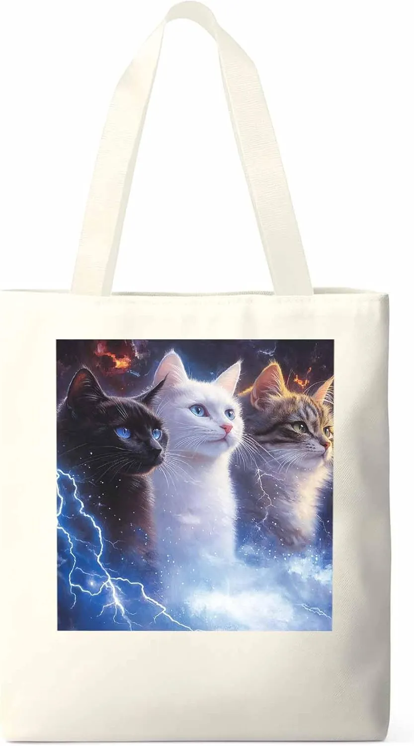 Canvas Tote Bag, Funny Cat Lightning Sky Aesthetic Canvas Tote Handbags for Women Shoulder Bag,