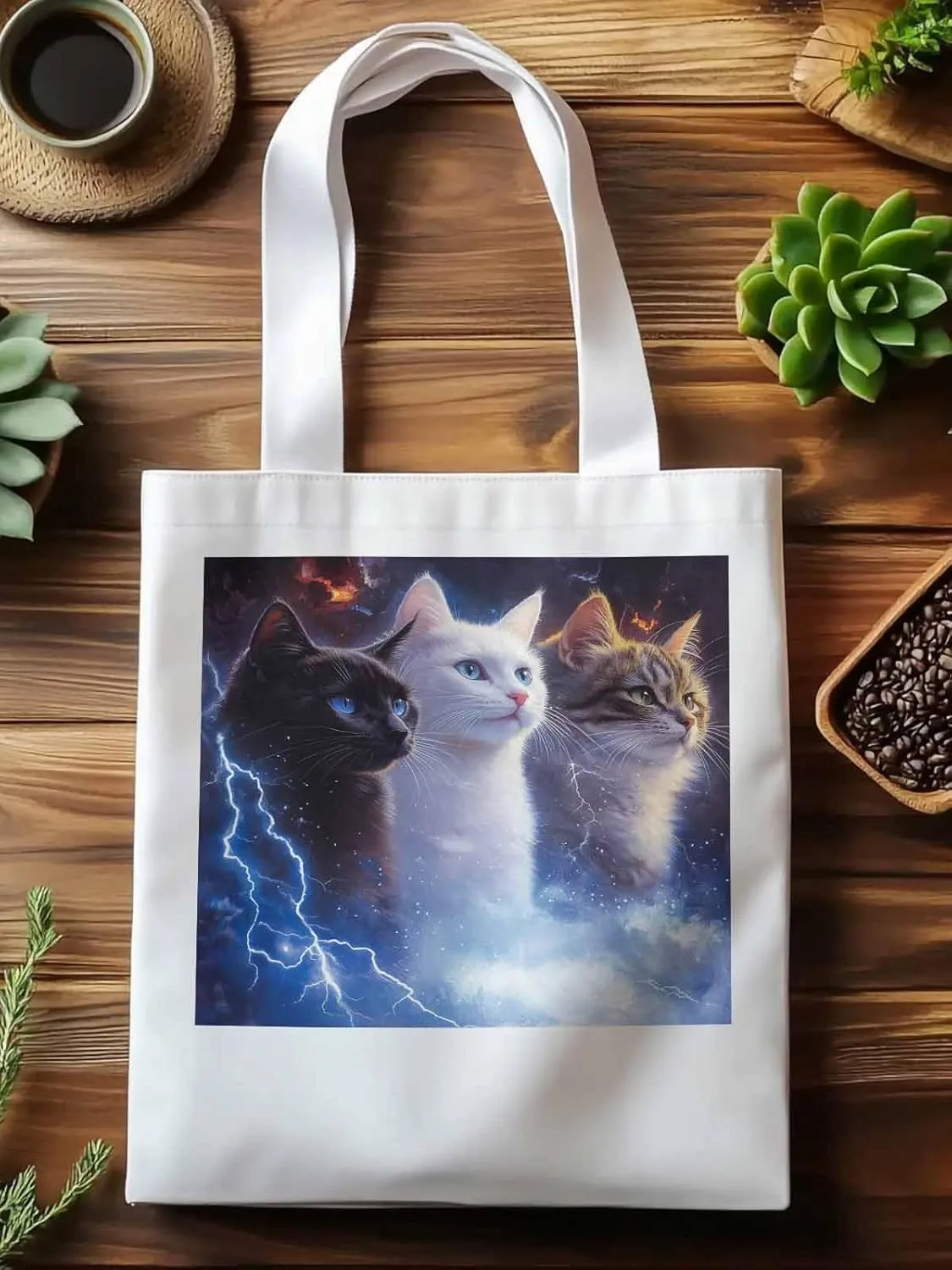 Canvas Tote Bag, Funny Cat Lightning Sky Aesthetic Canvas Tote Handbags for Women Shoulder Bag,