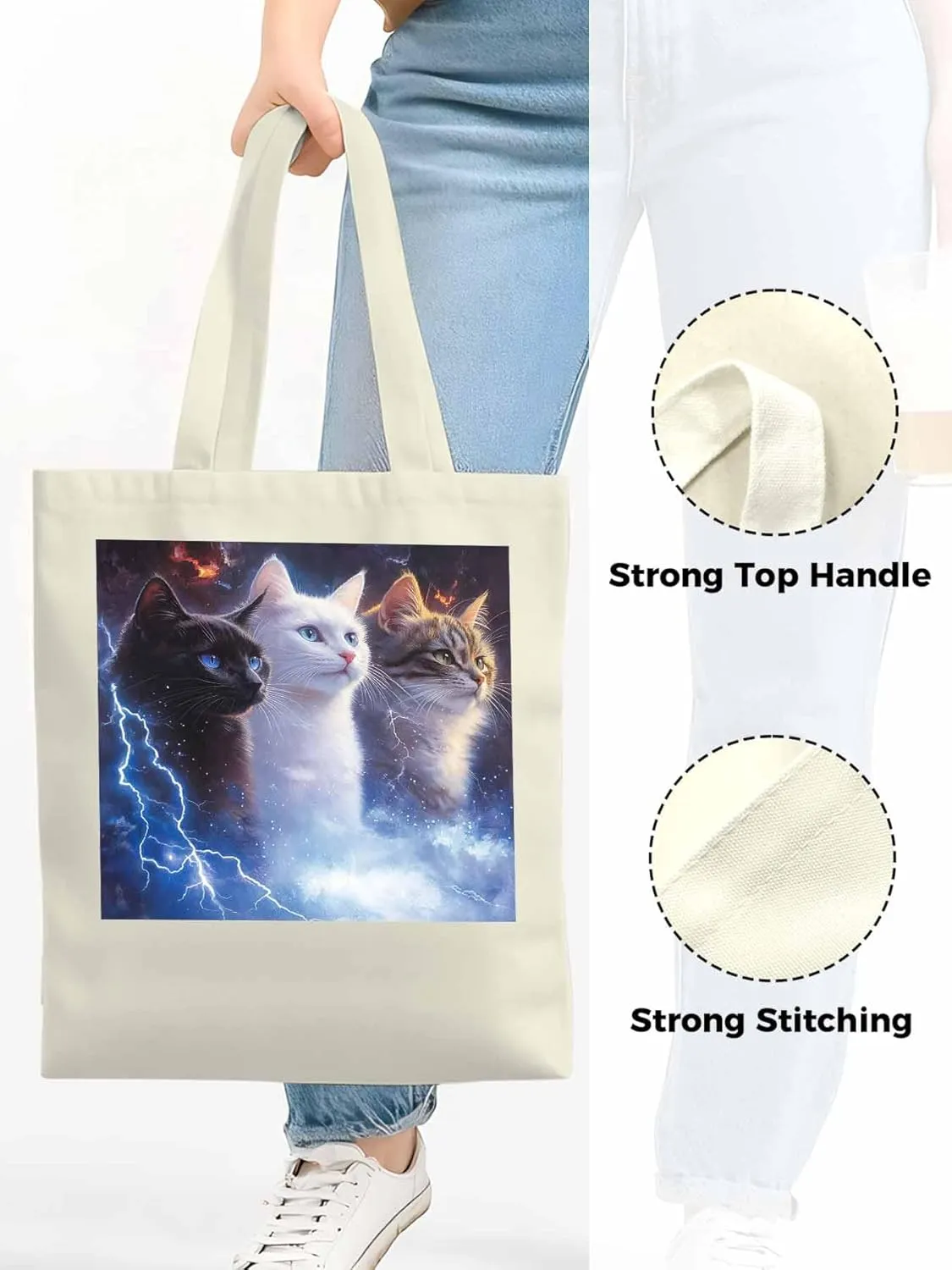 Canvas Tote Bag, Funny Cat Lightning Sky Aesthetic Canvas Tote Handbags for Women Shoulder Bag,