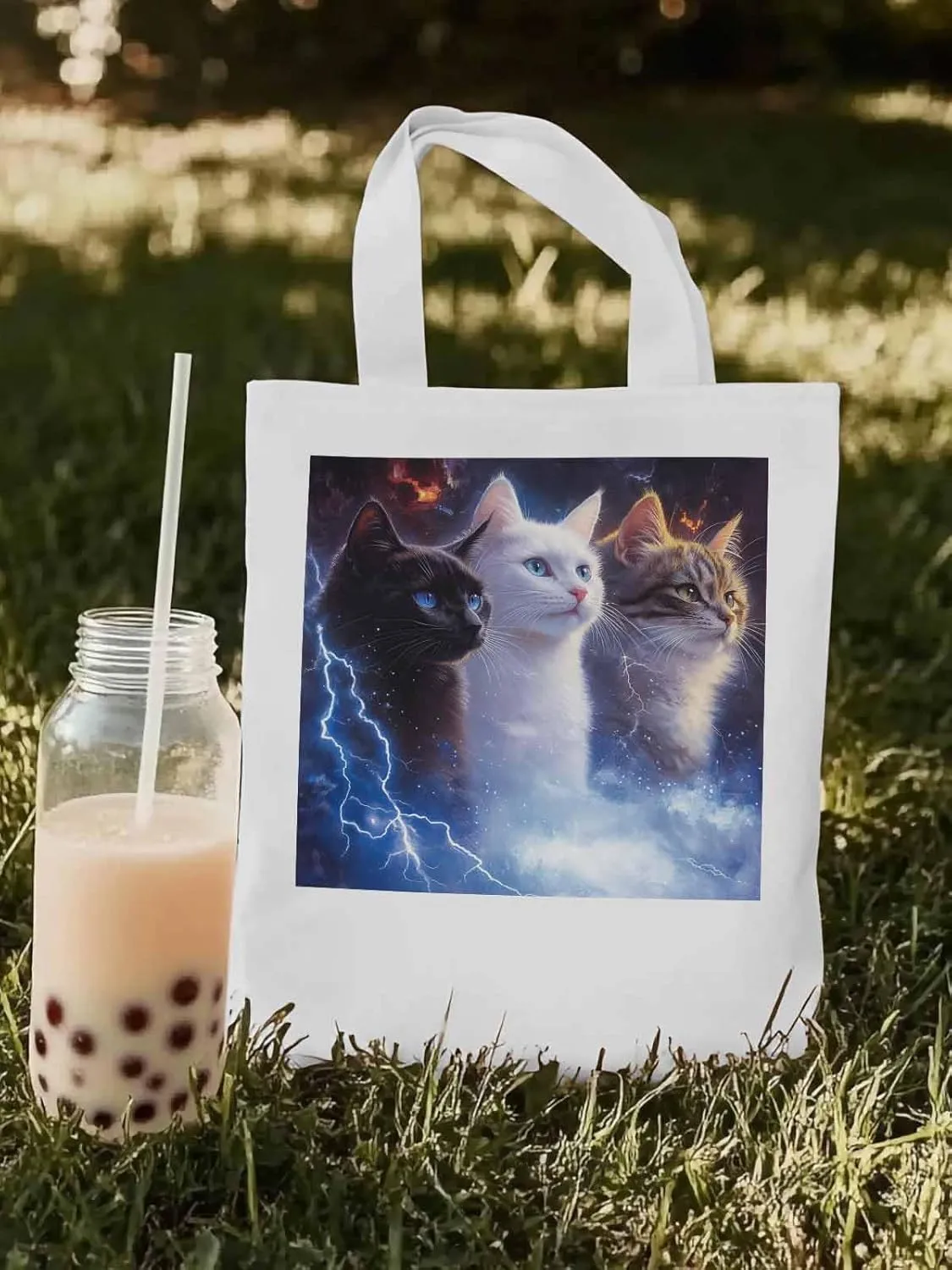 Canvas Tote Bag, Funny Cat Lightning Sky Aesthetic Canvas Tote Handbags for Women Shoulder Bag,