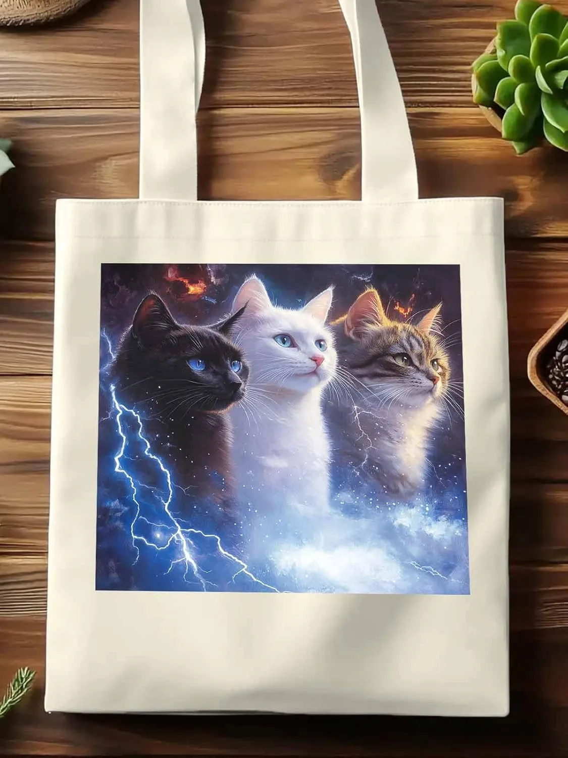Canvas Tote Bag, Funny Cat Lightning Sky Aesthetic Canvas Tote Handbags for Women Shoulder Bag,