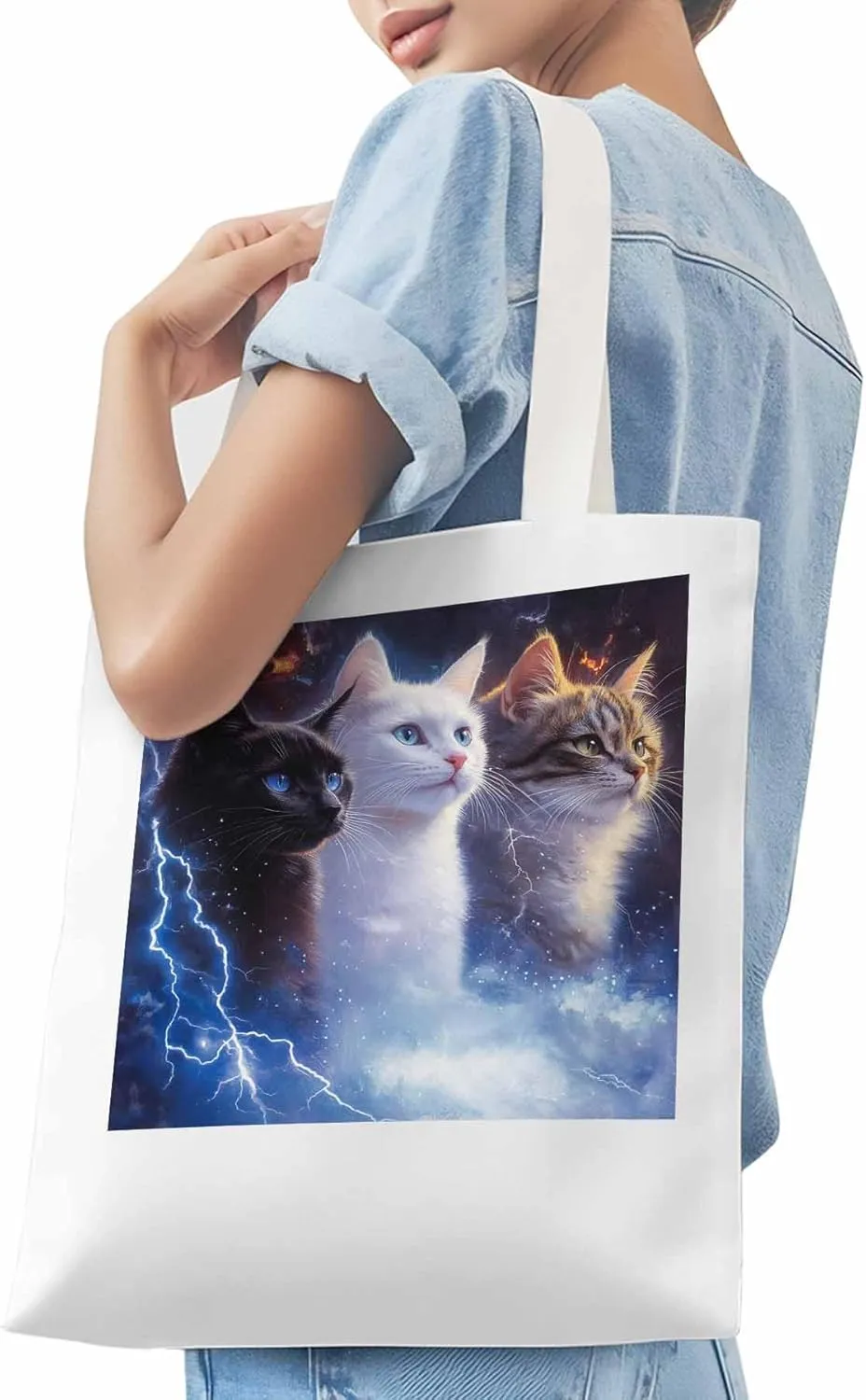 Canvas Tote Bag, Funny Cat Lightning Sky Aesthetic Canvas Tote Handbags for Women Shoulder Bag,