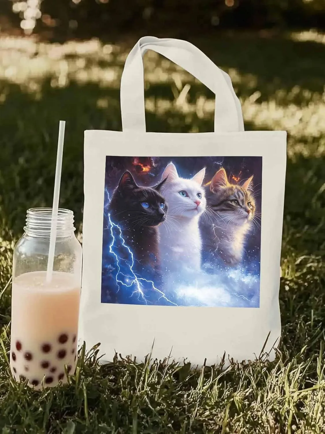 Canvas Tote Bag, Funny Cat Lightning Sky Aesthetic Canvas Tote Handbags for Women Shoulder Bag,