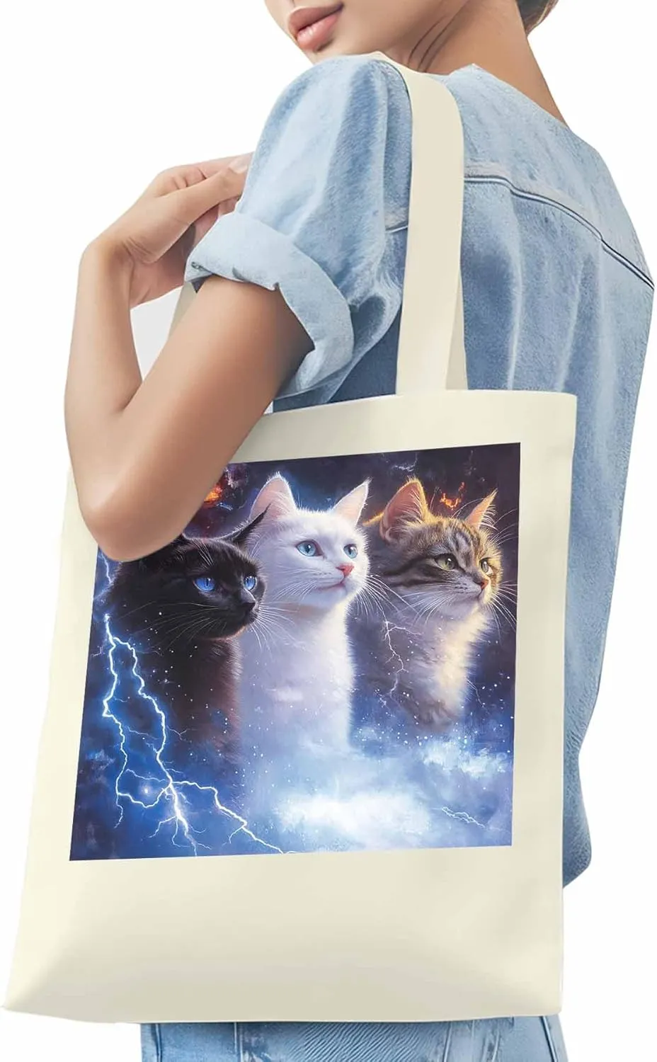 Canvas Tote Bag, Funny Cat Lightning Sky Aesthetic Canvas Tote Handbags for Women Shoulder Bag,