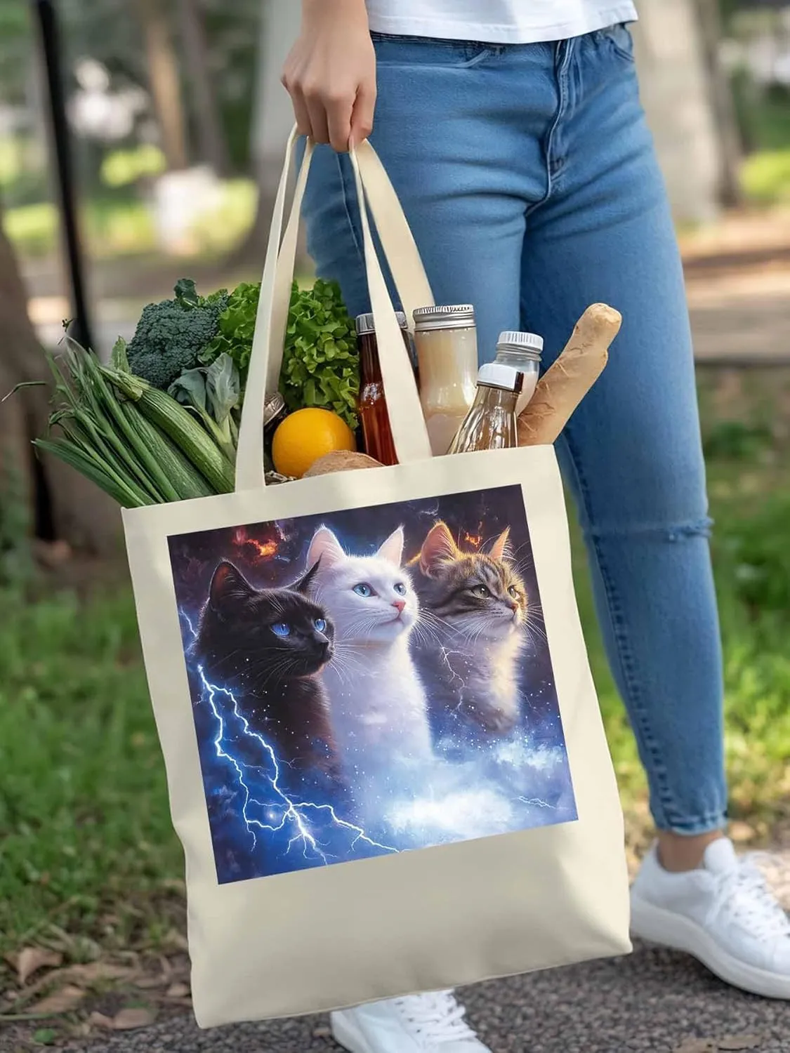 Canvas Tote Bag, Funny Cat Lightning Sky Aesthetic Canvas Tote Handbags for Women Shoulder Bag,