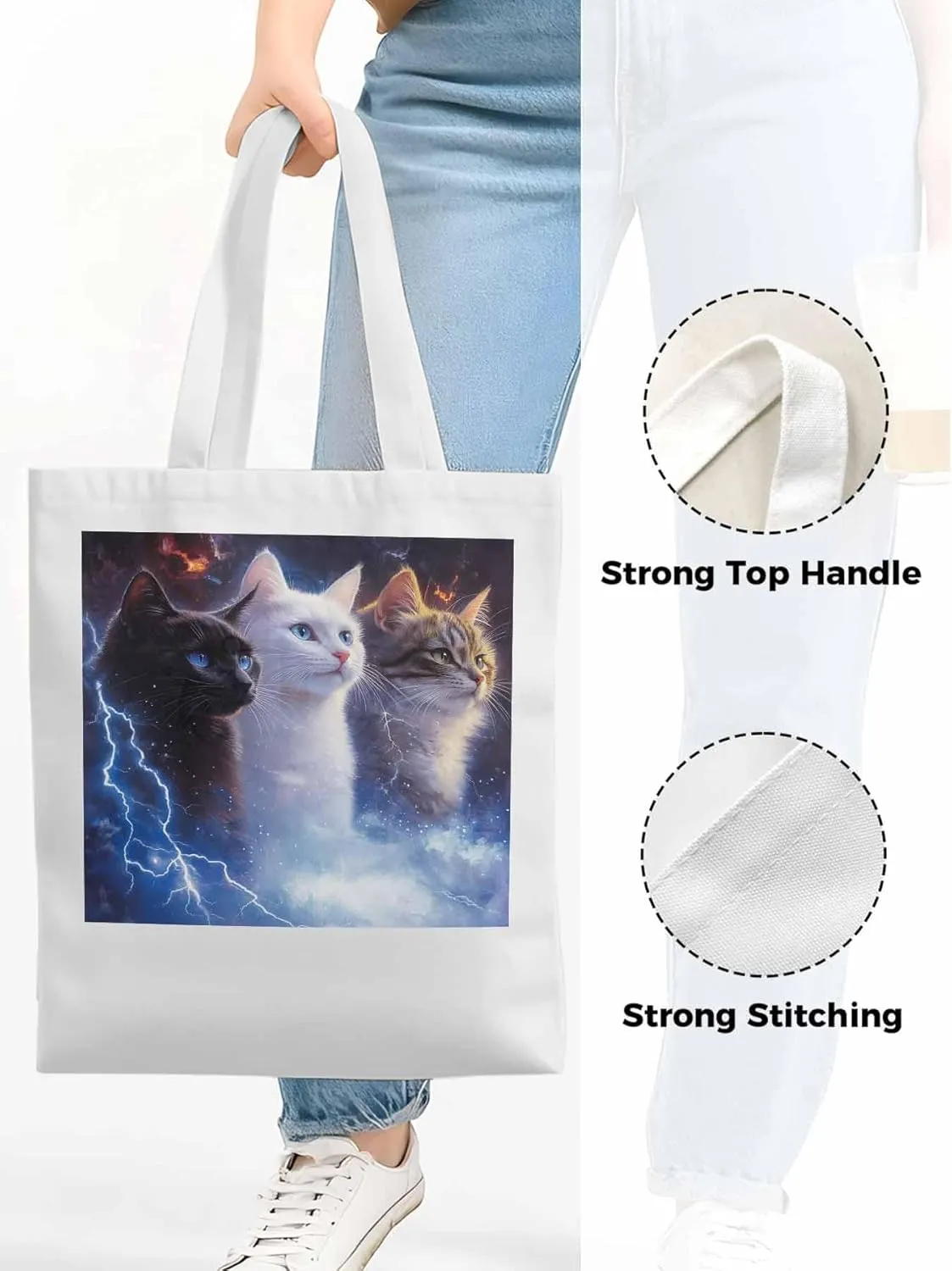 Canvas Tote Bag, Funny Cat Lightning Sky Aesthetic Canvas Tote Handbags for Women Shoulder Bag,