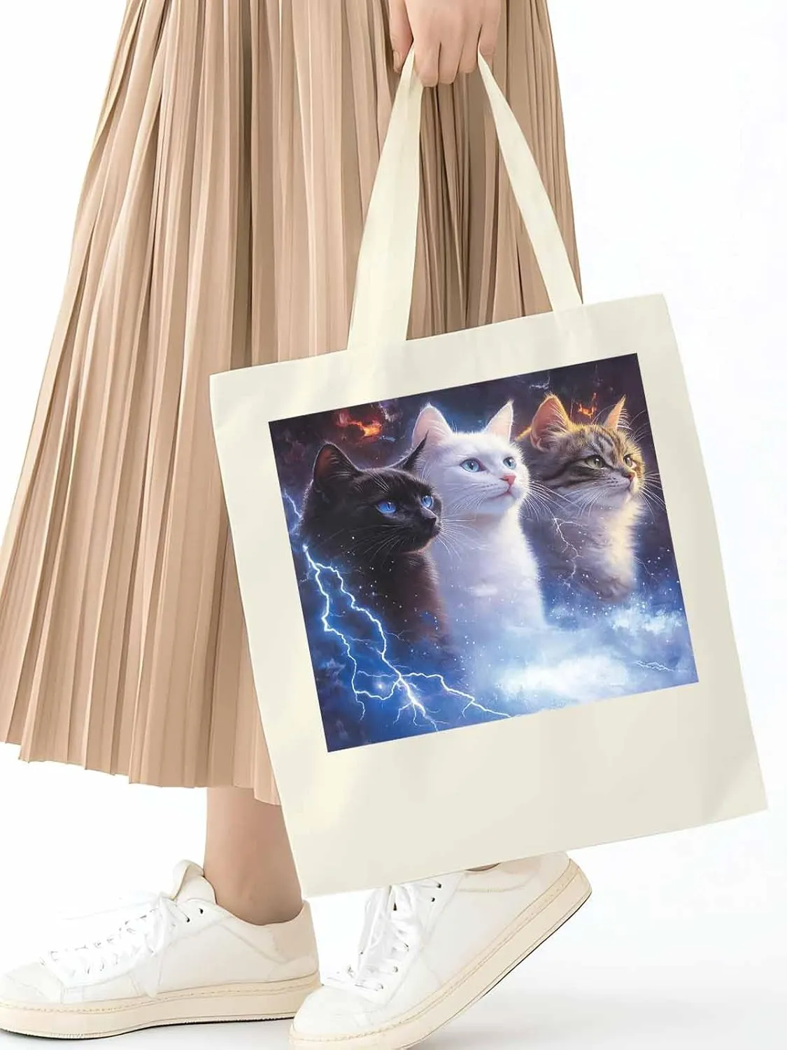 Canvas Tote Bag, Funny Cat Lightning Sky Aesthetic Canvas Tote Handbags for Women Shoulder Bag,