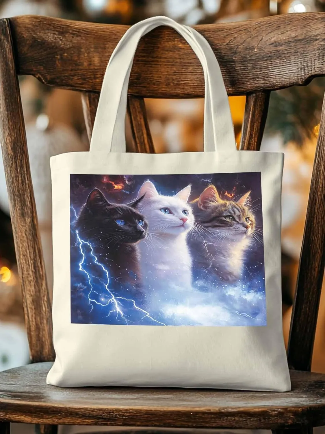 Canvas Tote Bag, Funny Cat Lightning Sky Aesthetic Canvas Tote Handbags for Women Shoulder Bag,