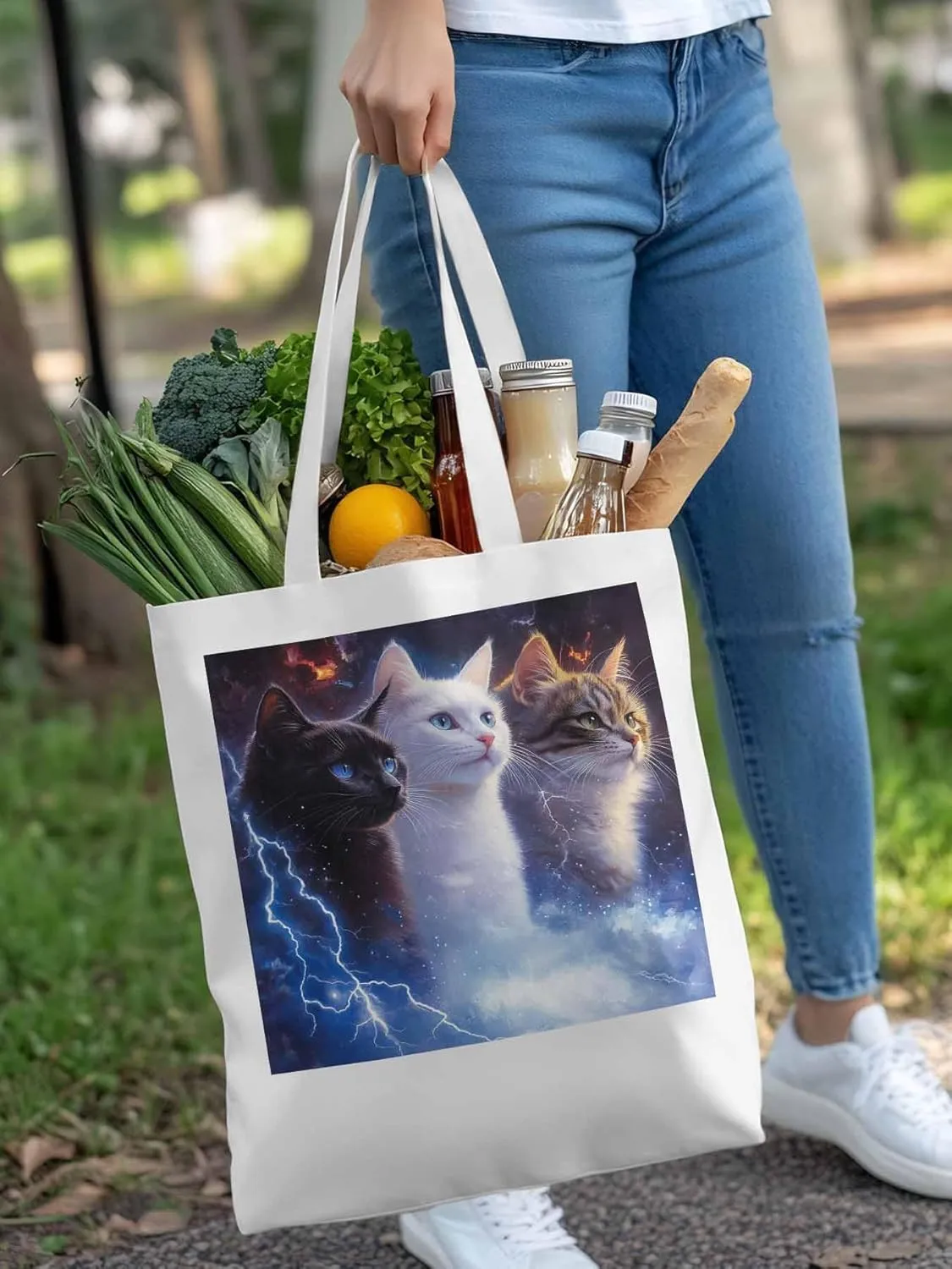 Canvas Tote Bag, Funny Cat Lightning Sky Aesthetic Canvas Tote Handbags for Women Shoulder Bag,