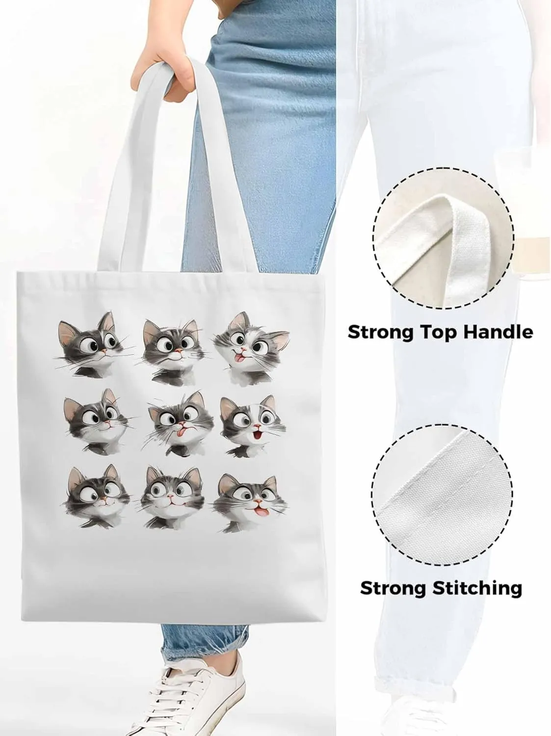 Canvas Tote Bag, Funny Cute Cat Splicing Aesthetic Canvas Tote Handbags for Women Shoulder Bag,