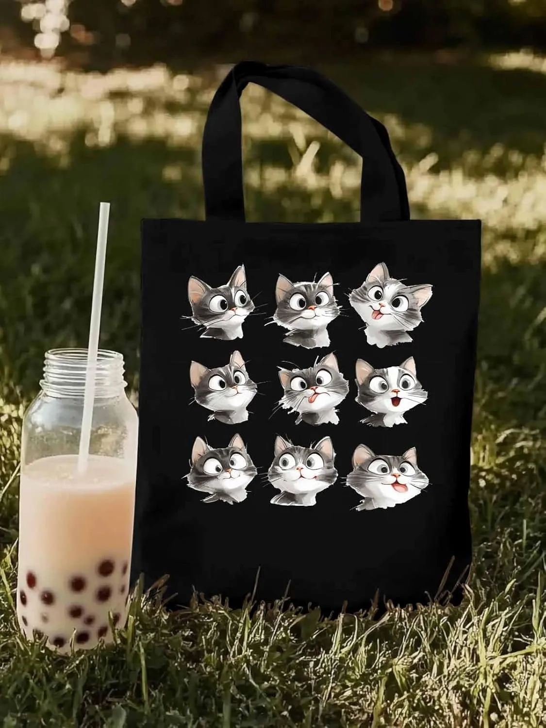 Canvas Tote Bag, Funny Cute Cat Splicing Aesthetic Canvas Tote Handbags for Women Shoulder Bag,