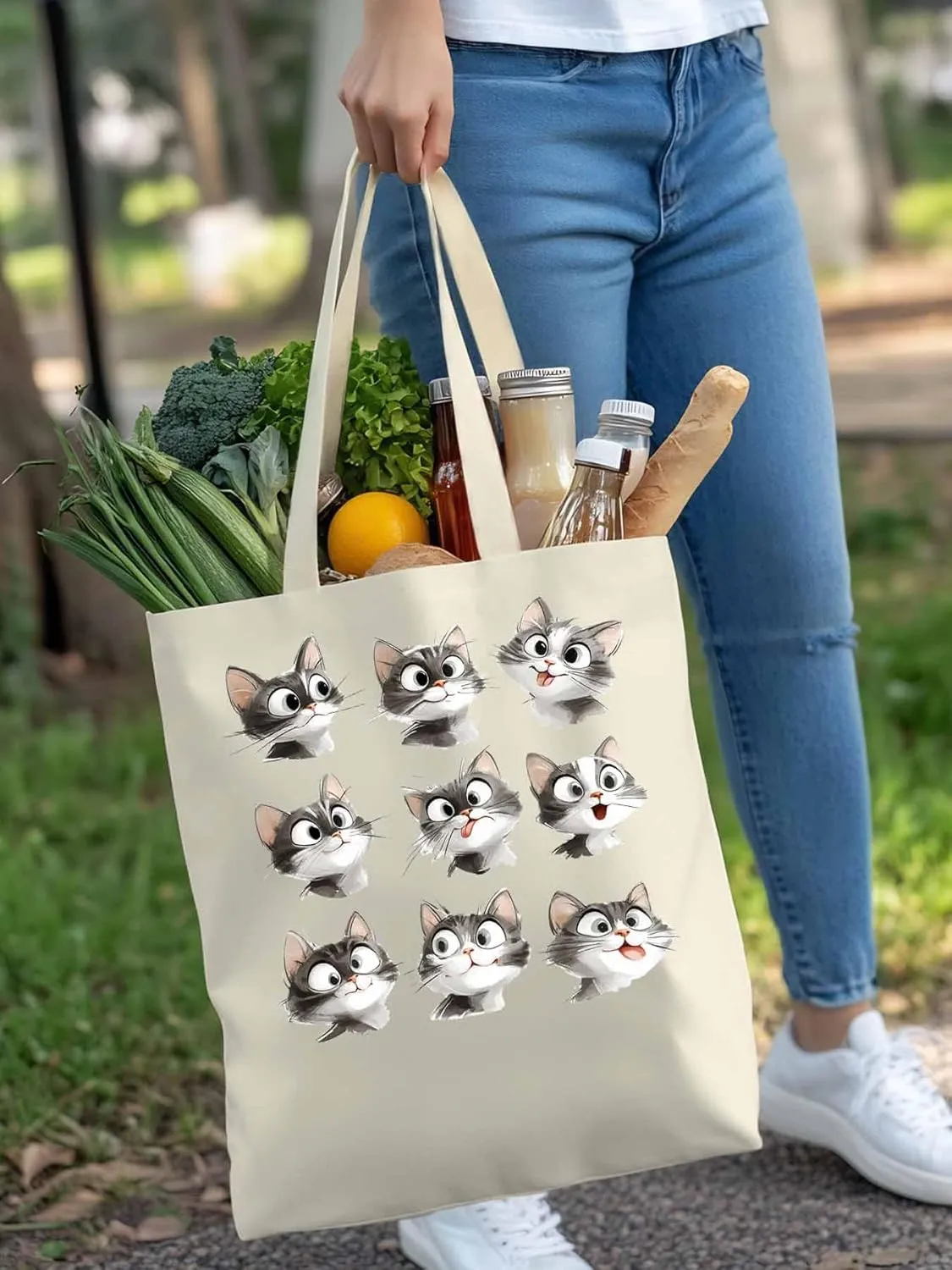 Canvas Tote Bag, Funny Cute Cat Splicing Aesthetic Canvas Tote Handbags for Women Shoulder Bag,