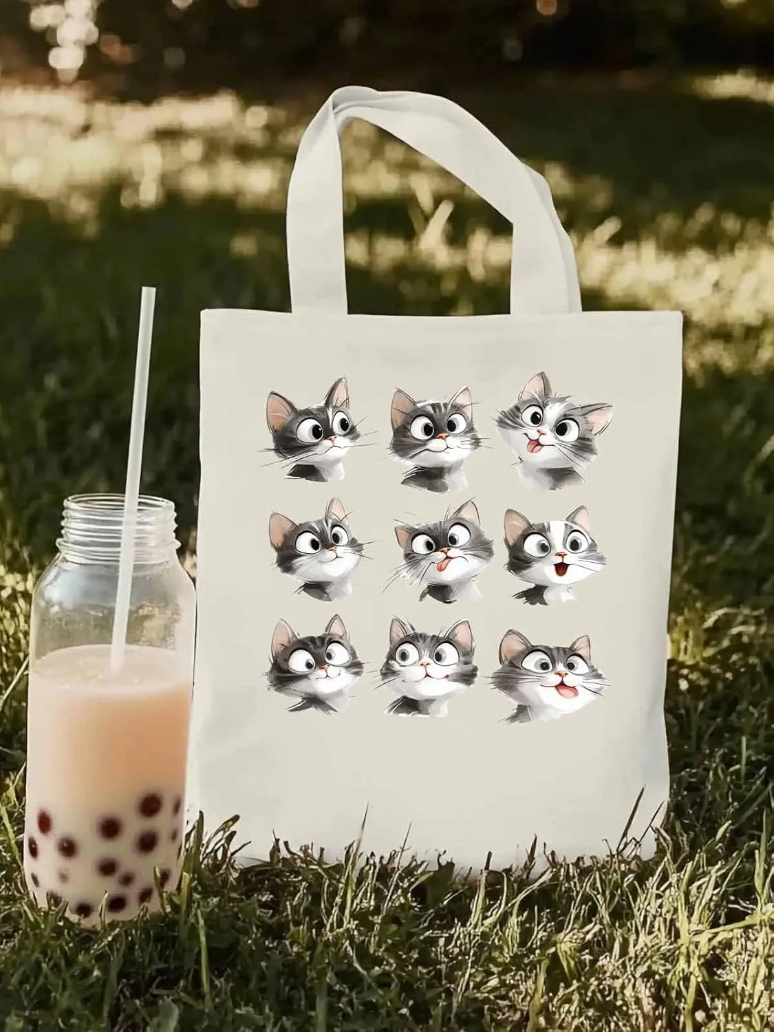 Canvas Tote Bag, Funny Cute Cat Splicing Aesthetic Canvas Tote Handbags for Women Shoulder Bag,
