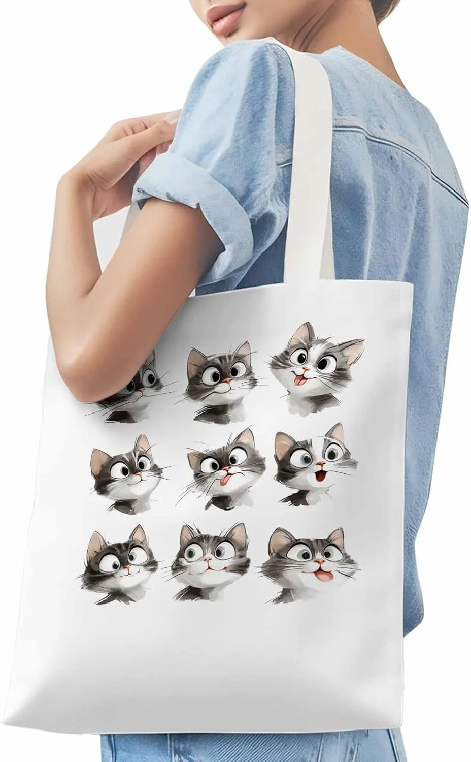 Canvas Tote Bag, Funny Cute Cat Splicing Aesthetic Canvas Tote Handbags for Women Shoulder Bag,