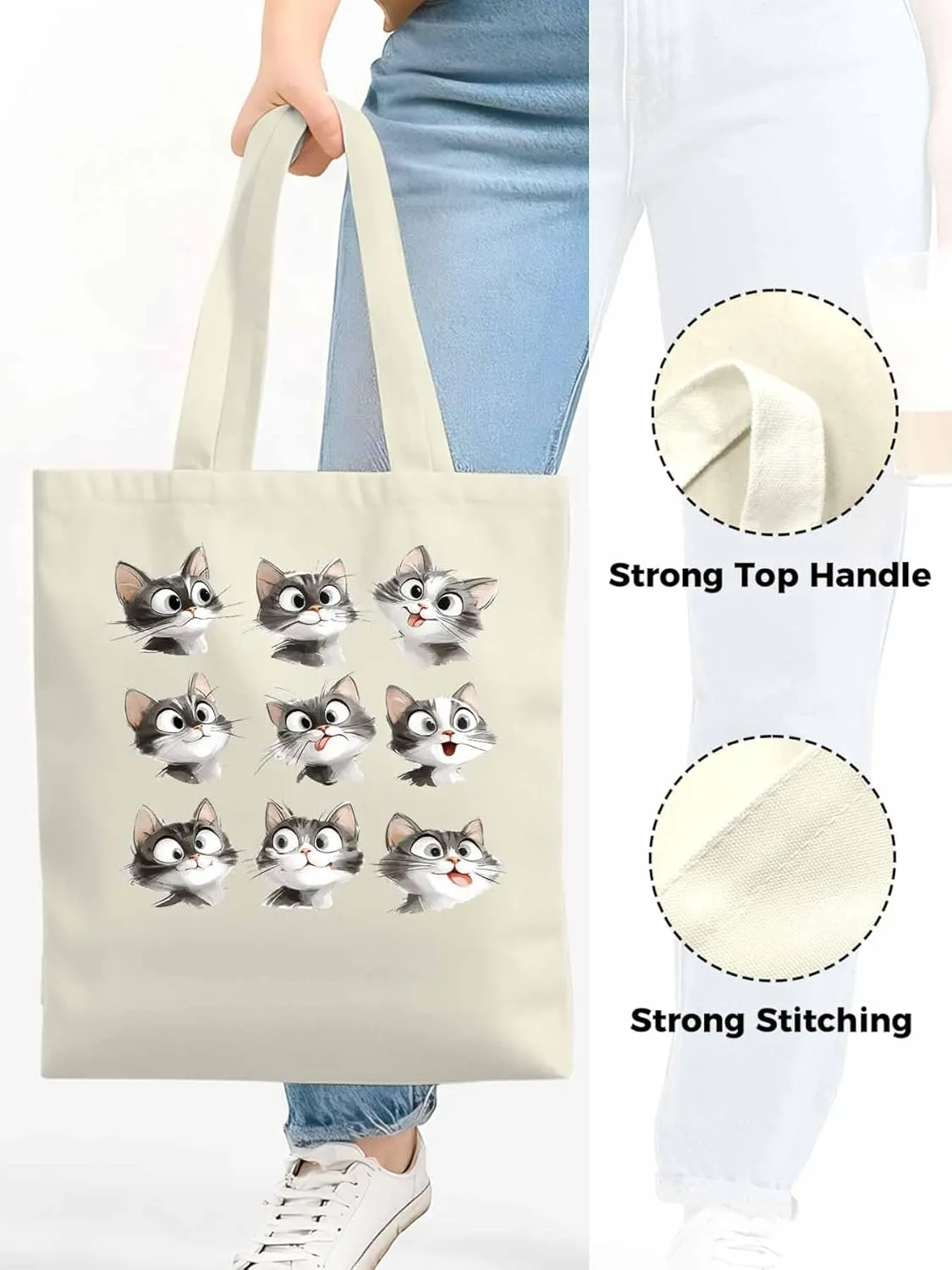 Canvas Tote Bag, Funny Cute Cat Splicing Aesthetic Canvas Tote Handbags for Women Shoulder Bag,