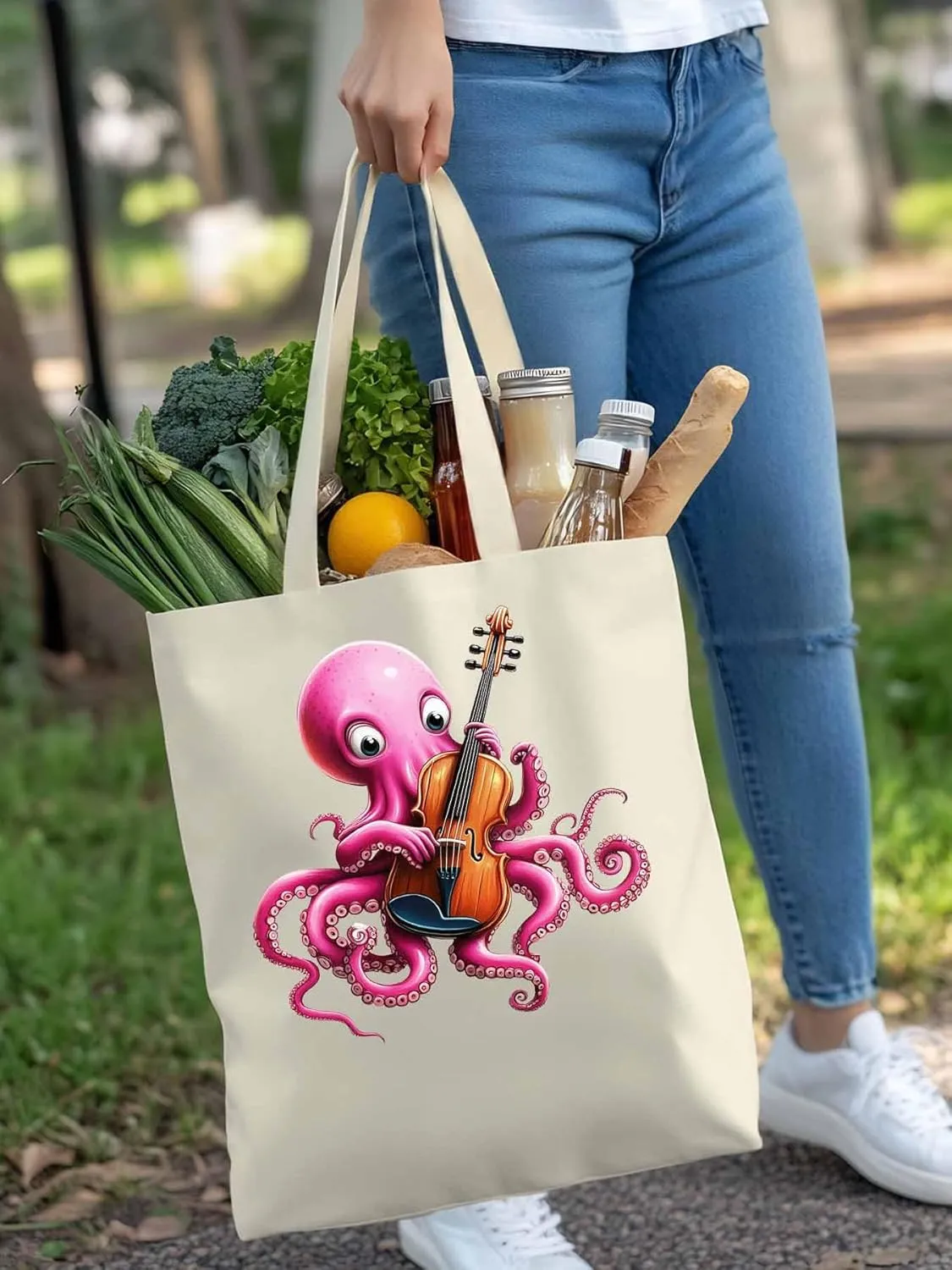 Canvas Tote Bag, Funny Pink Octopus Guitar Aesthetic Canvas Tote Handbags for Women Shoulder Bag,