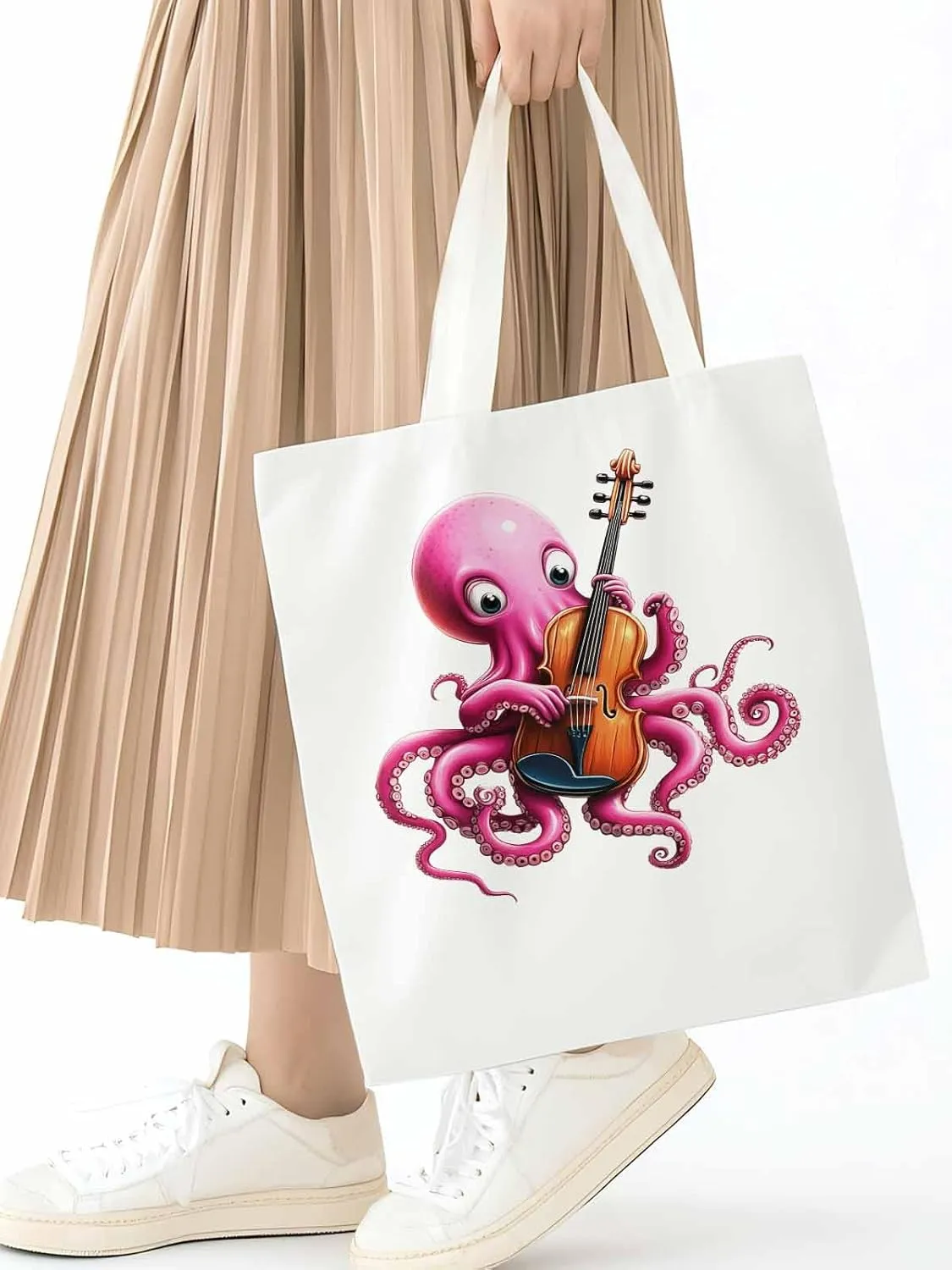 Canvas Tote Bag, Funny Pink Octopus Guitar Aesthetic Canvas Tote Handbags for Women Shoulder Bag,