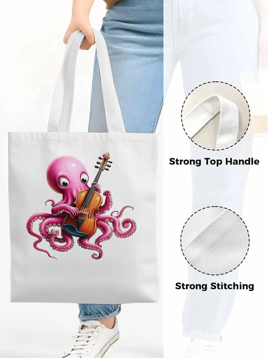 Canvas Tote Bag, Funny Pink Octopus Guitar Aesthetic Canvas Tote Handbags for Women Shoulder Bag,