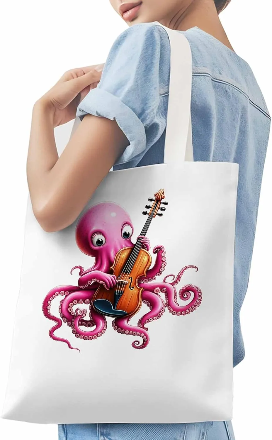 Canvas Tote Bag, Funny Pink Octopus Guitar Aesthetic Canvas Tote Handbags for Women Shoulder Bag,