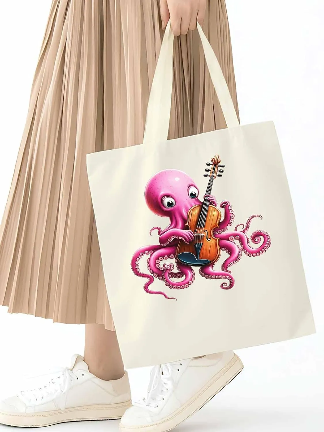 Canvas Tote Bag, Funny Pink Octopus Guitar Aesthetic Canvas Tote Handbags for Women Shoulder Bag,