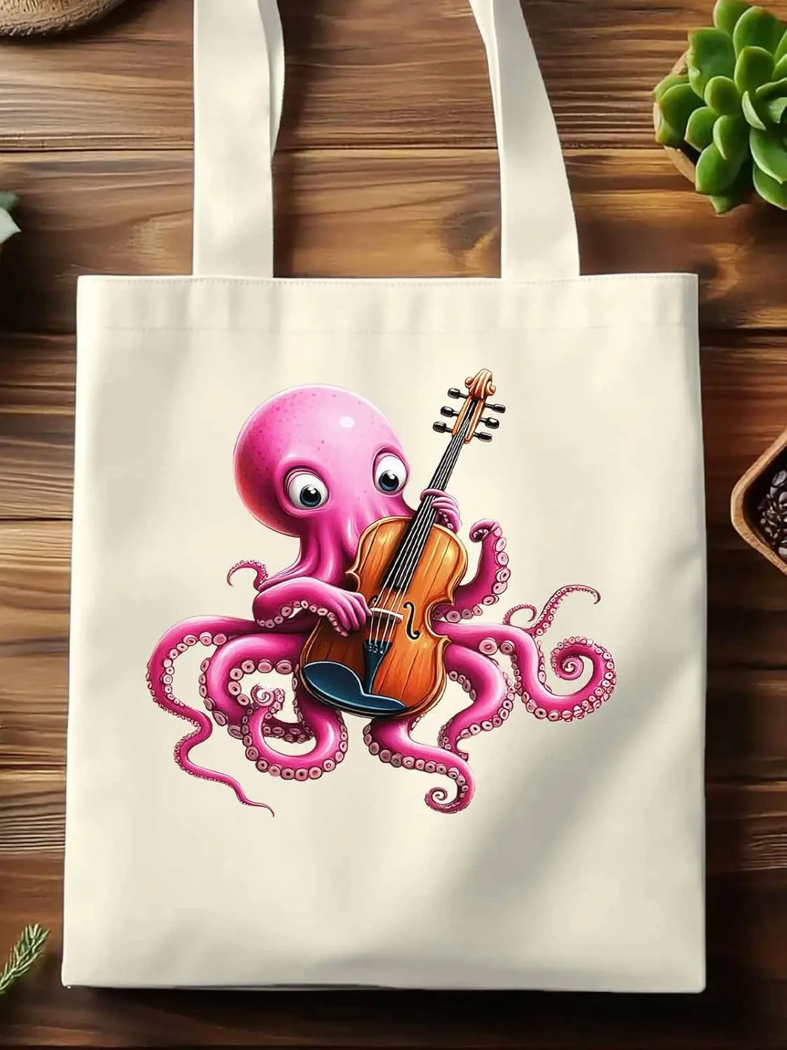 Canvas Tote Bag, Funny Pink Octopus Guitar Aesthetic Canvas Tote Handbags for Women Shoulder Bag,