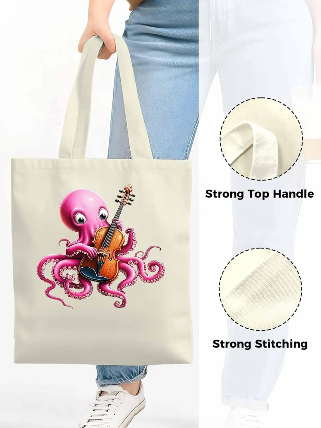 Canvas Tote Bag, Funny Pink Octopus Guitar Aesthetic Canvas Tote Handbags for Women Shoulder Bag,