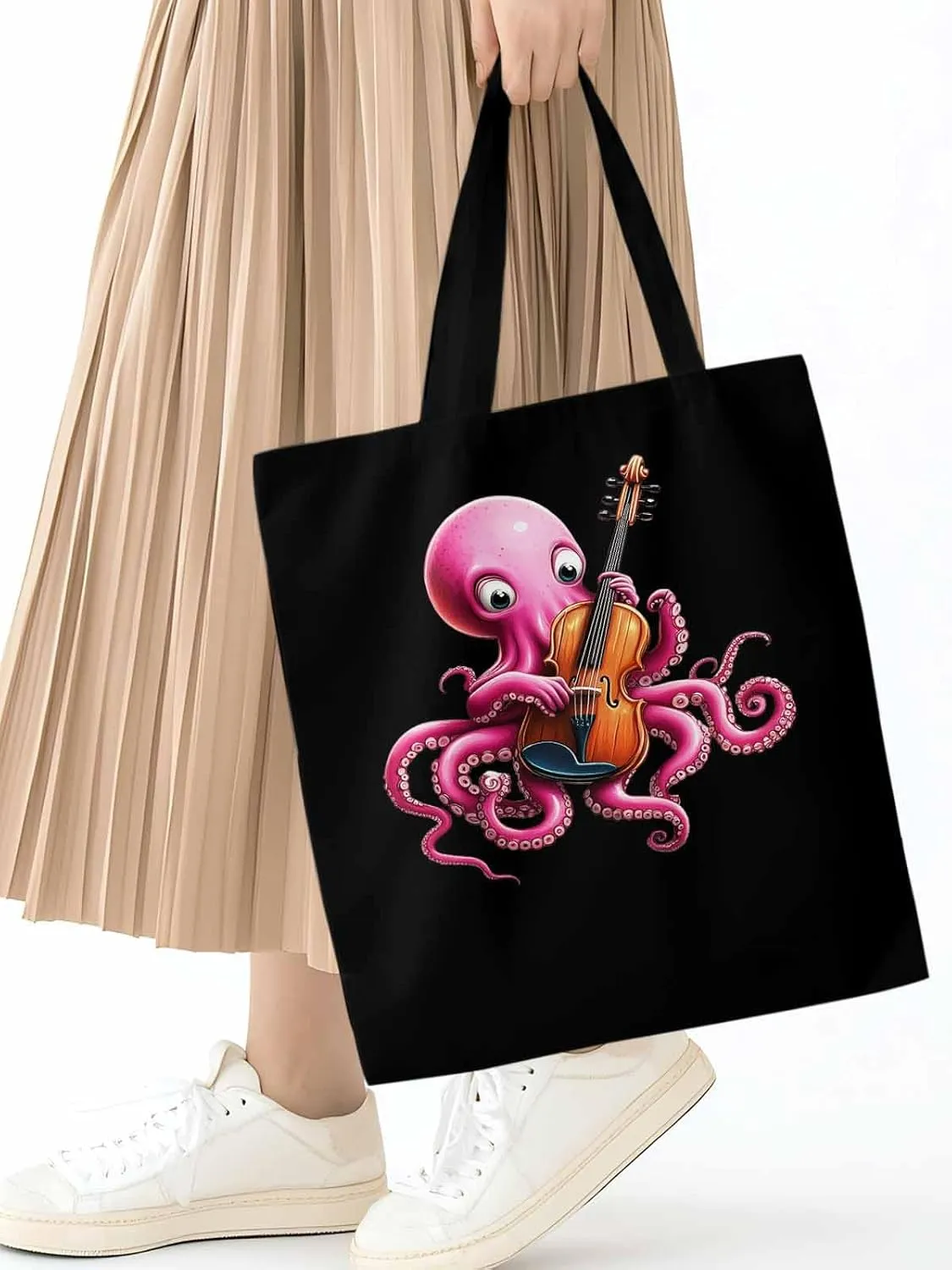 Canvas Tote Bag, Funny Pink Octopus Guitar Aesthetic Canvas Tote Handbags for Women Shoulder Bag,