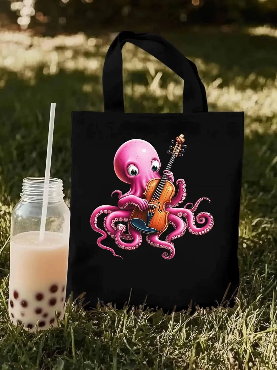 Canvas Tote Bag, Funny Pink Octopus Guitar Aesthetic Canvas Tote Handbags for Women Shoulder Bag,