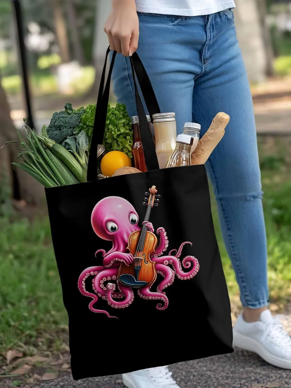 Canvas Tote Bag, Funny Pink Octopus Guitar Aesthetic Canvas Tote Handbags for Women Shoulder Bag,