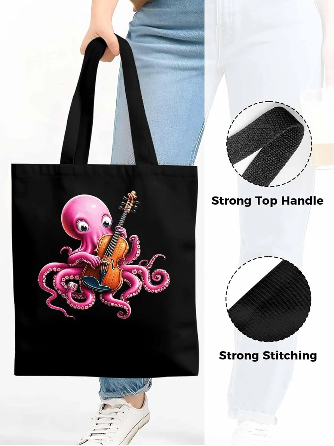 Canvas Tote Bag, Funny Pink Octopus Guitar Aesthetic Canvas Tote Handbags for Women Shoulder Bag,