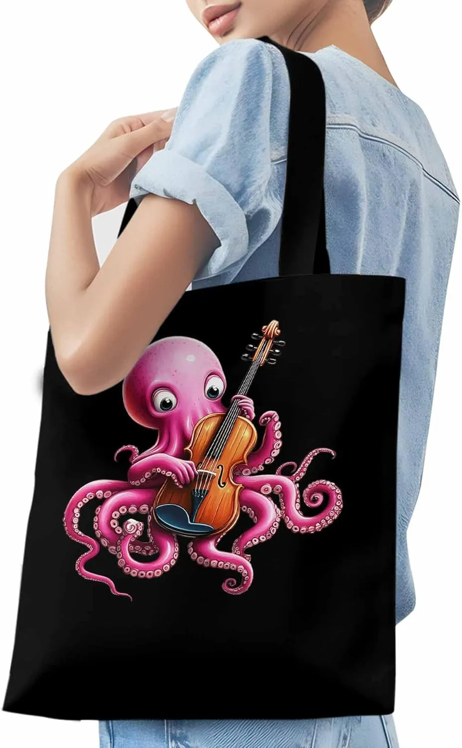 Canvas Tote Bag, Funny Pink Octopus Guitar Aesthetic Canvas Tote Handbags for Women Shoulder Bag,