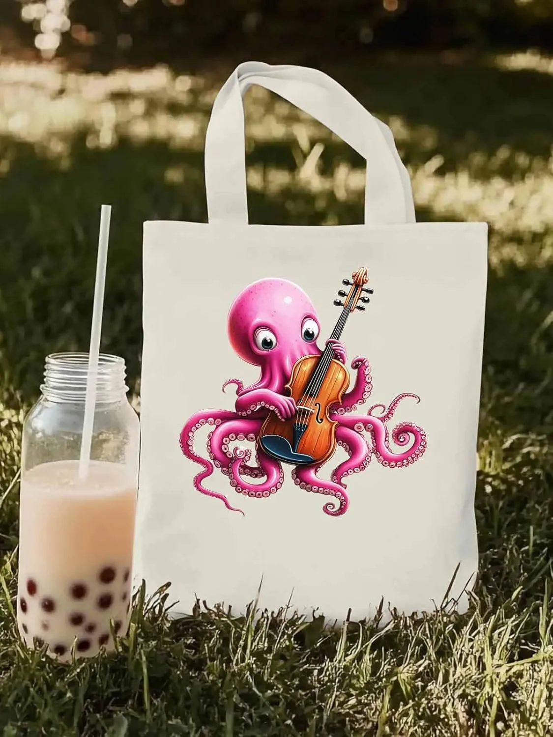 Canvas Tote Bag, Funny Pink Octopus Guitar Aesthetic Canvas Tote Handbags for Women Shoulder Bag,