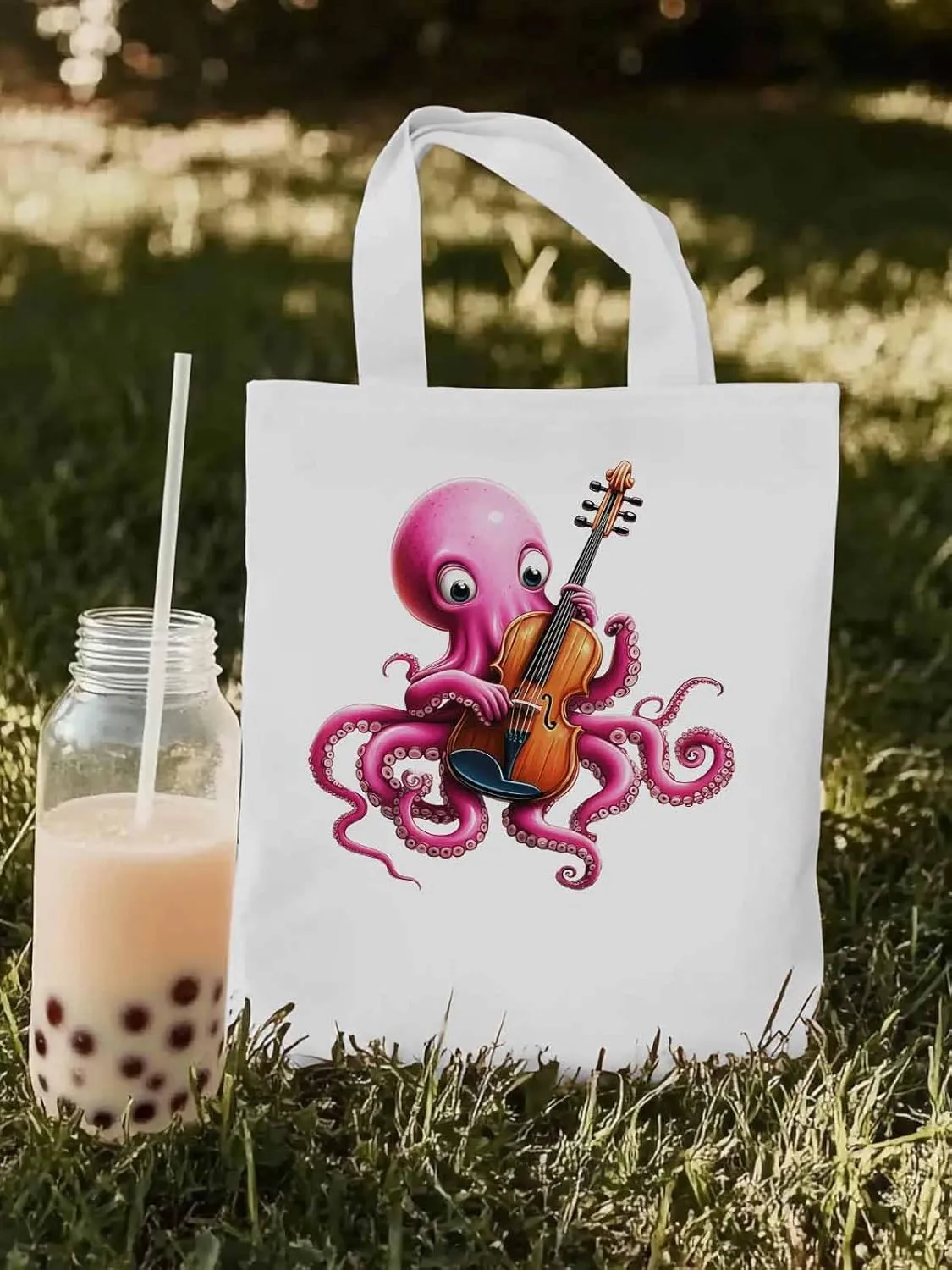 Canvas Tote Bag, Funny Pink Octopus Guitar Aesthetic Canvas Tote Handbags for Women Shoulder Bag,