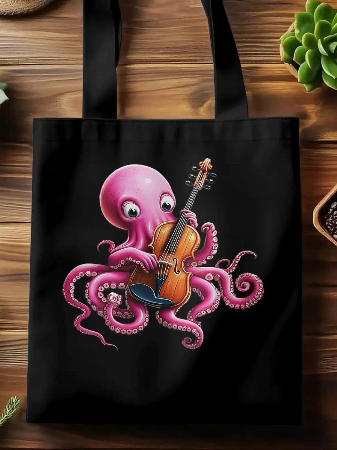 Canvas Tote Bag, Funny Pink Octopus Guitar Aesthetic Canvas Tote Handbags for Women Shoulder Bag,