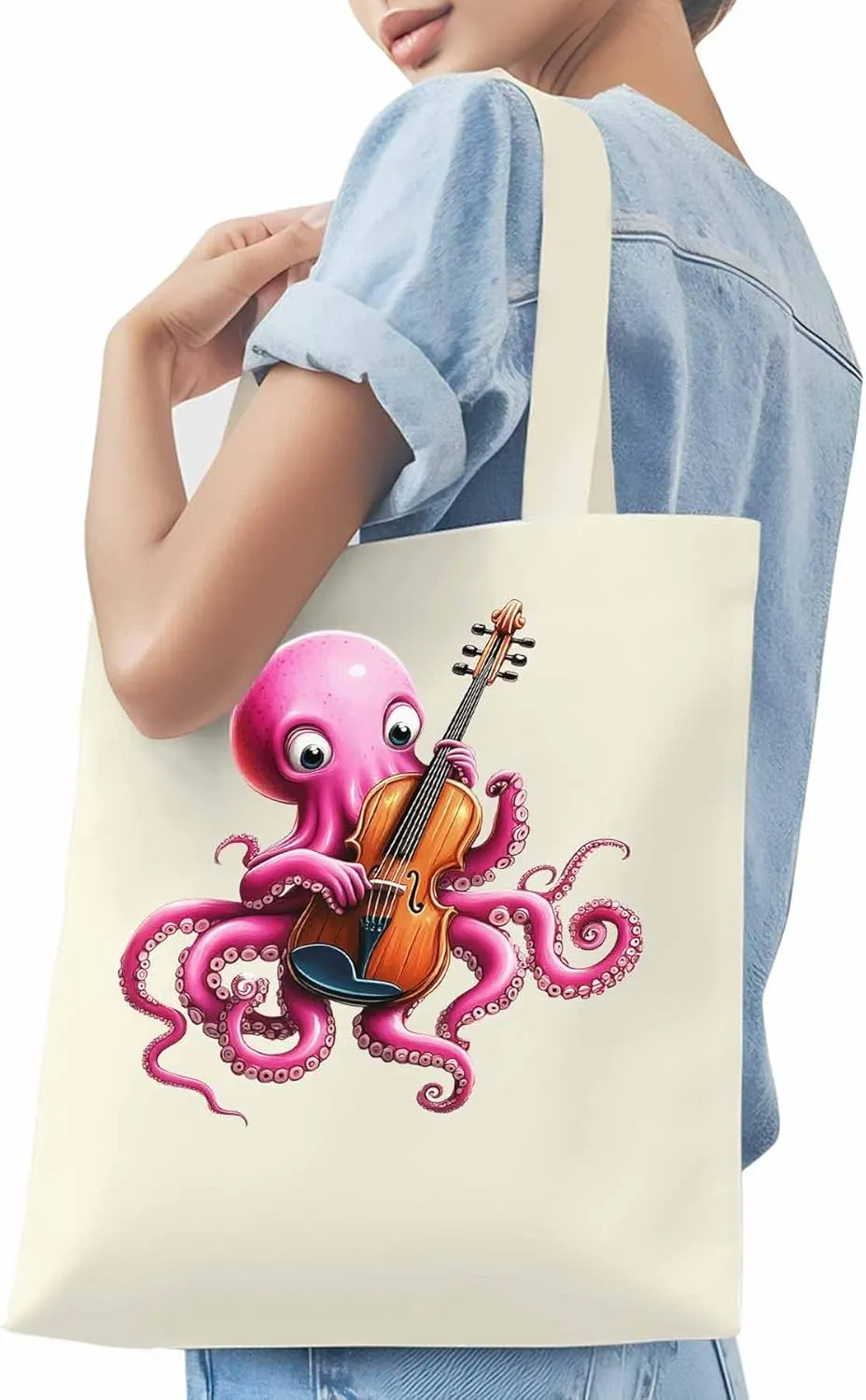 Canvas Tote Bag, Funny Pink Octopus Guitar Aesthetic Canvas Tote Handbags for Women Shoulder Bag,