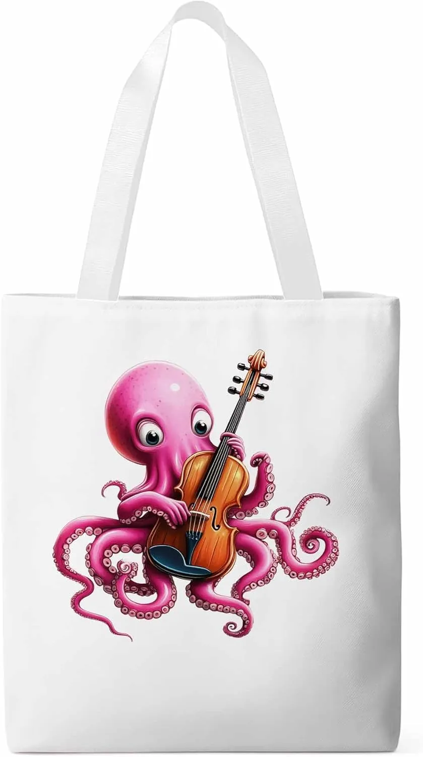 Canvas Tote Bag, Funny Pink Octopus Guitar Aesthetic Canvas Tote Handbags for Women Shoulder Bag,