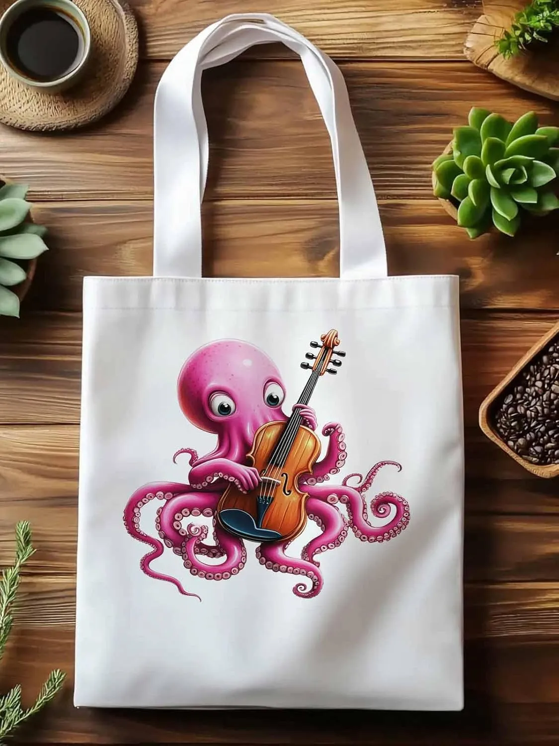 Canvas Tote Bag, Funny Pink Octopus Guitar Aesthetic Canvas Tote Handbags for Women Shoulder Bag,