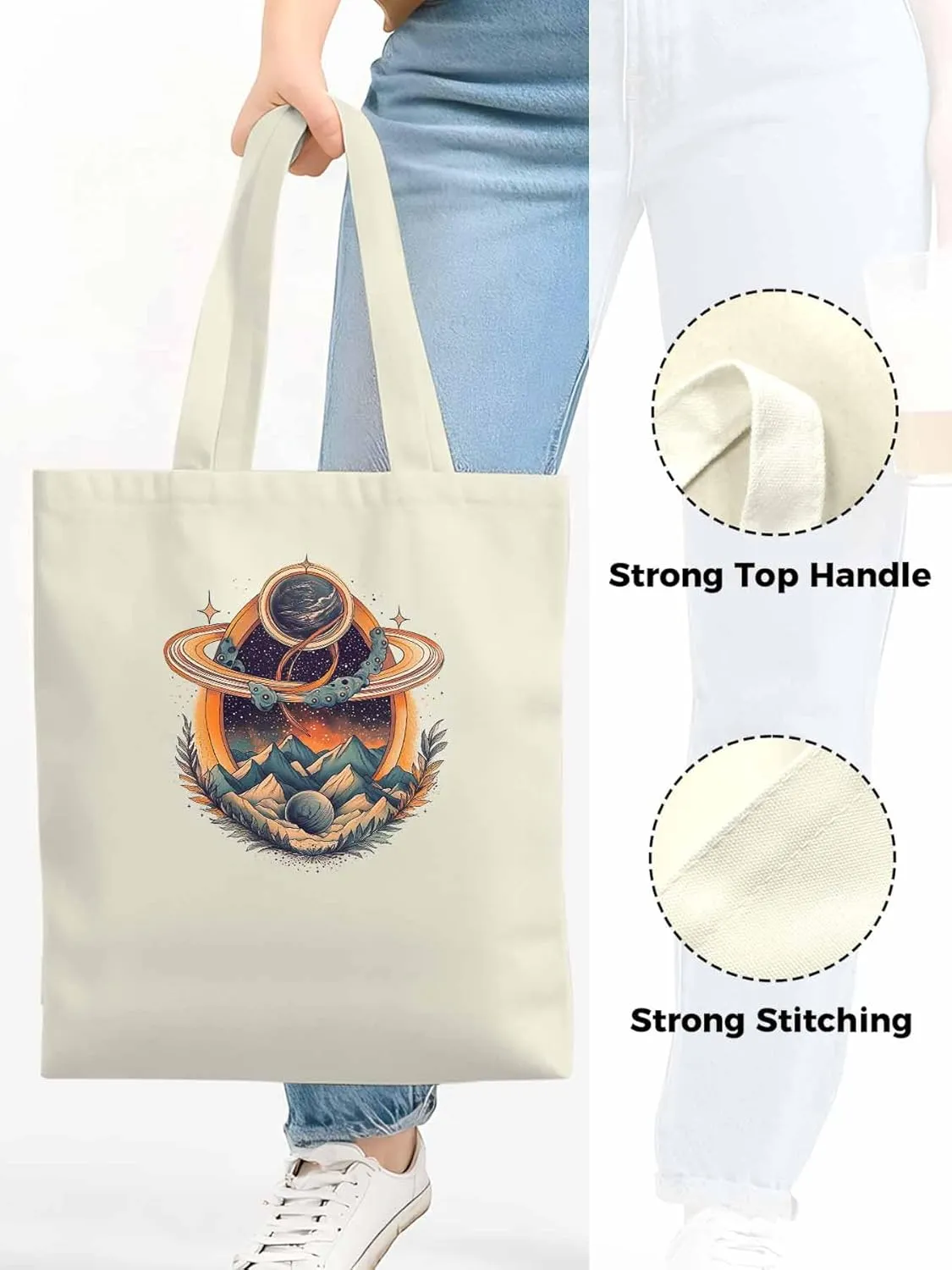 Canvas Tote Bag, Funny Planet Aesthetic Canvas Tote Handbags for Women Shoulder Bag Mountain Leaves