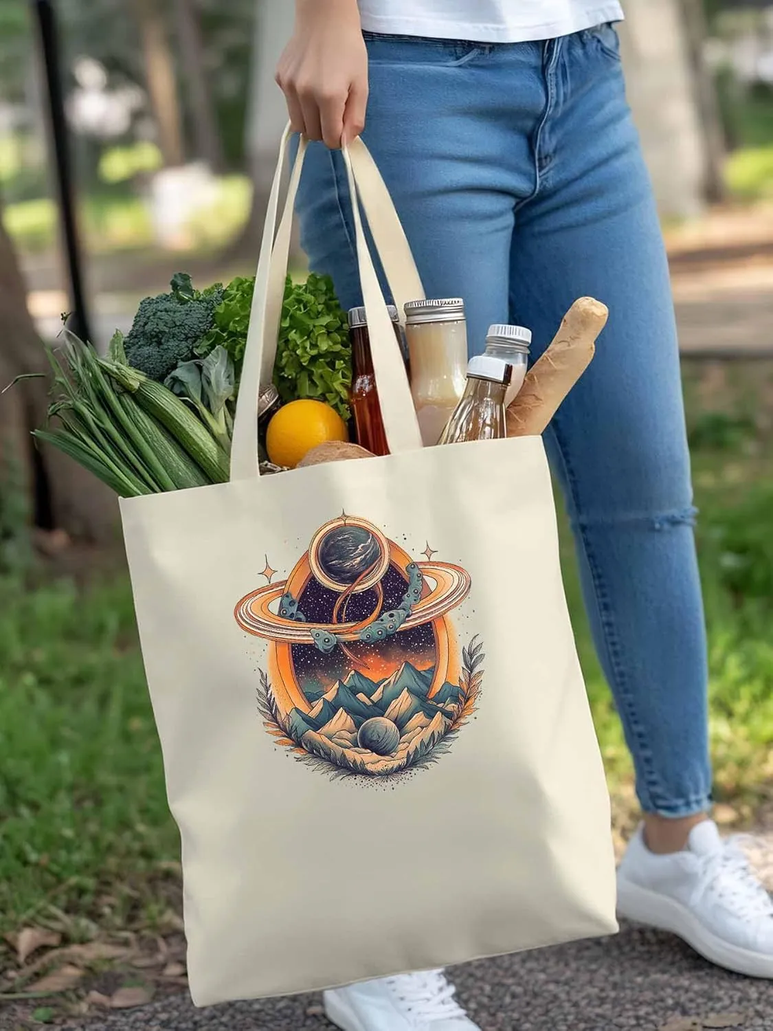 Canvas Tote Bag, Funny Planet Aesthetic Canvas Tote Handbags for Women Shoulder Bag Mountain Leaves
