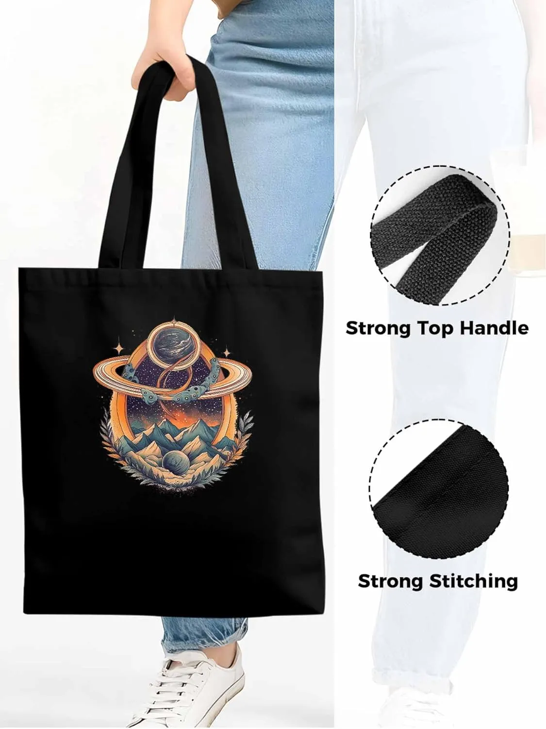 Canvas Tote Bag, Funny Planet Aesthetic Canvas Tote Handbags for Women Shoulder Bag Mountain Leaves
