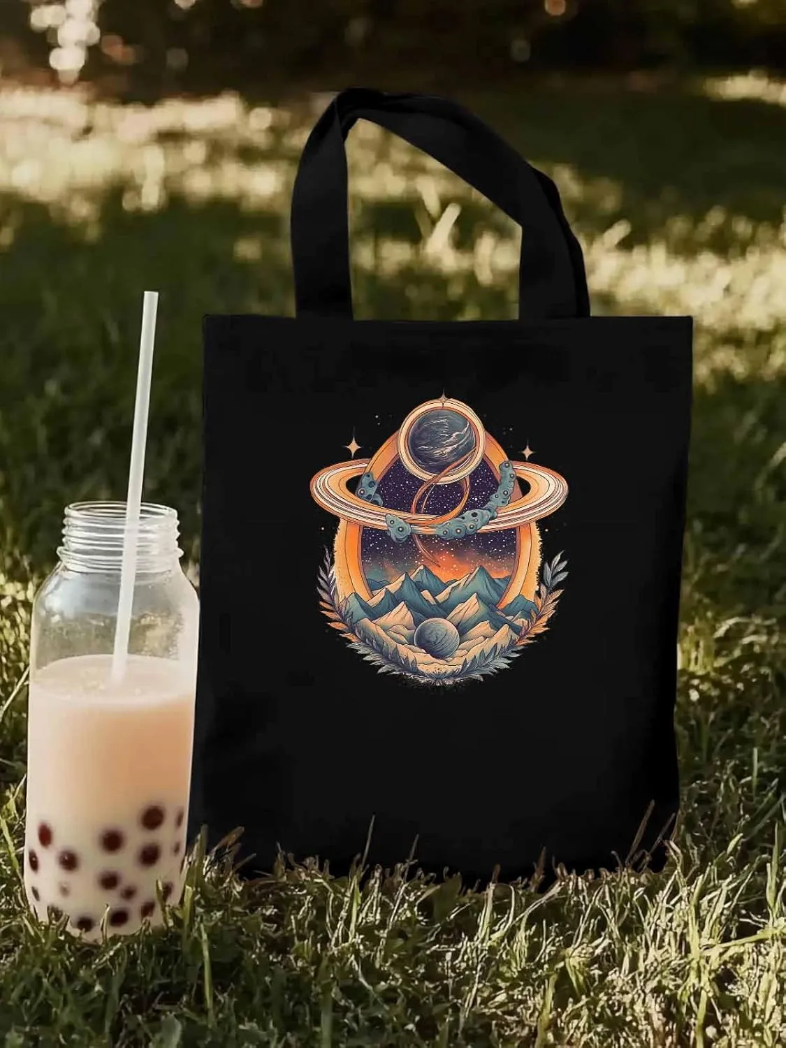 Canvas Tote Bag, Funny Planet Aesthetic Canvas Tote Handbags for Women Shoulder Bag Mountain Leaves