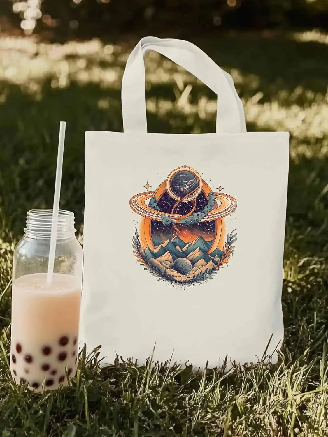 Canvas Tote Bag, Funny Planet Aesthetic Canvas Tote Handbags for Women Shoulder Bag Mountain Leaves