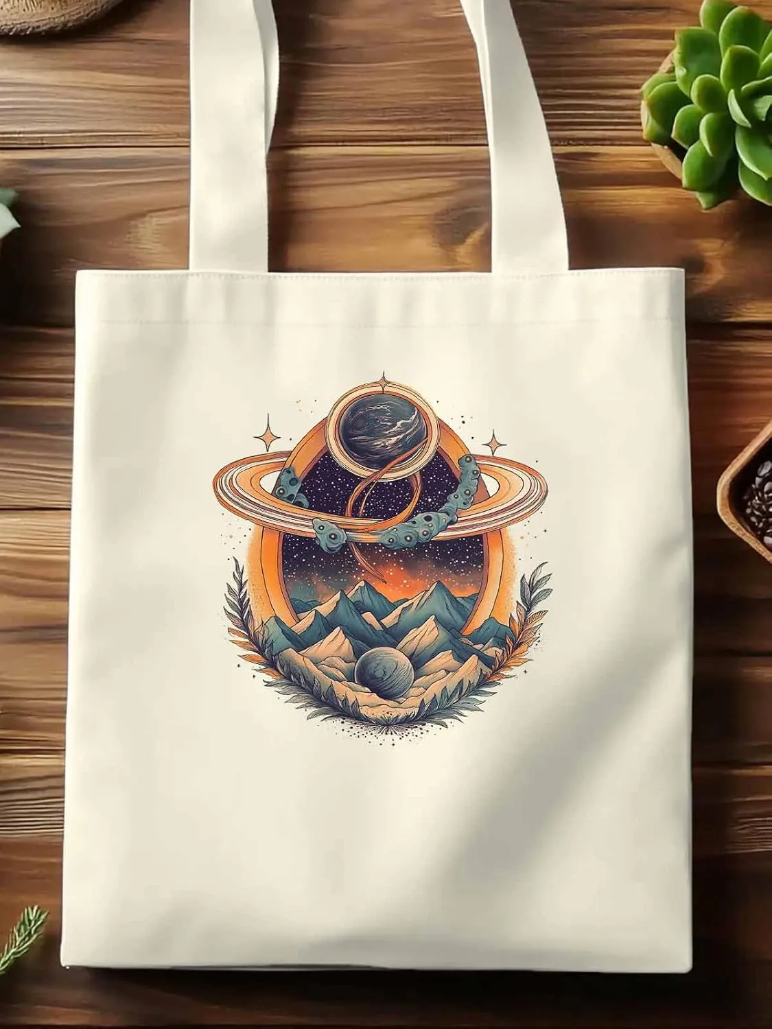 Canvas Tote Bag, Funny Planet Aesthetic Canvas Tote Handbags for Women Shoulder Bag Mountain Leaves
