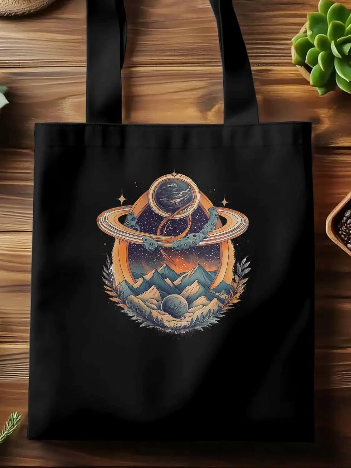 Canvas Tote Bag, Funny Planet Aesthetic Canvas Tote Handbags for Women Shoulder Bag Mountain Leaves