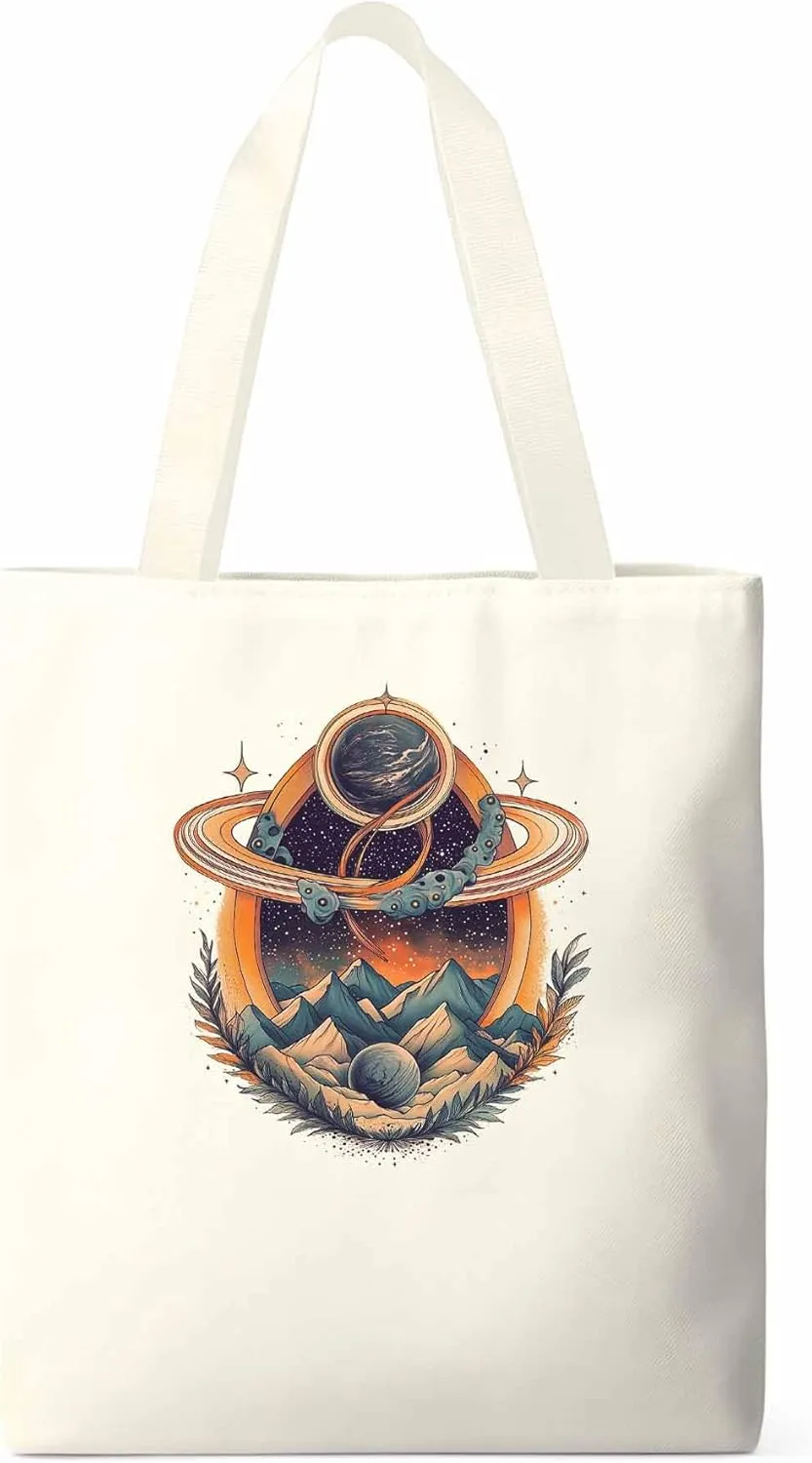 Canvas Tote Bag, Funny Planet Aesthetic Canvas Tote Handbags for Women Shoulder Bag Mountain Leaves