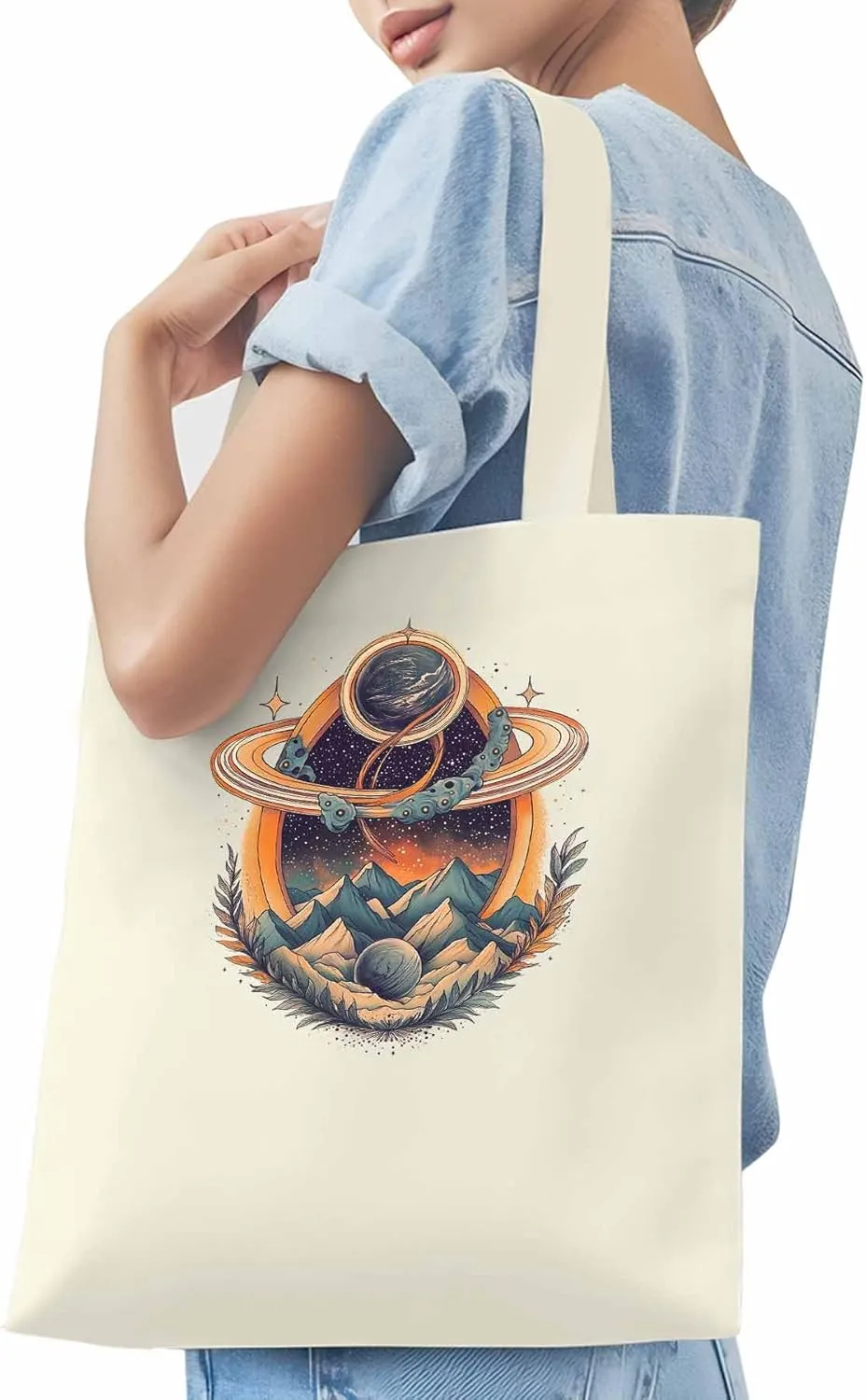 Canvas Tote Bag, Funny Planet Aesthetic Canvas Tote Handbags for Women Shoulder Bag Mountain Leaves