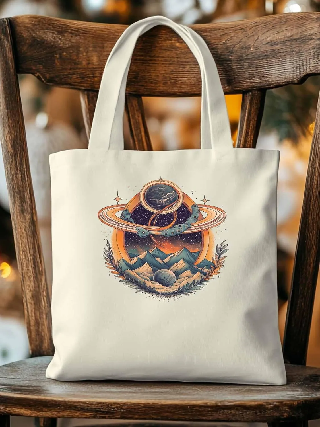 Canvas Tote Bag, Funny Planet Aesthetic Canvas Tote Handbags for Women Shoulder Bag Mountain Leaves