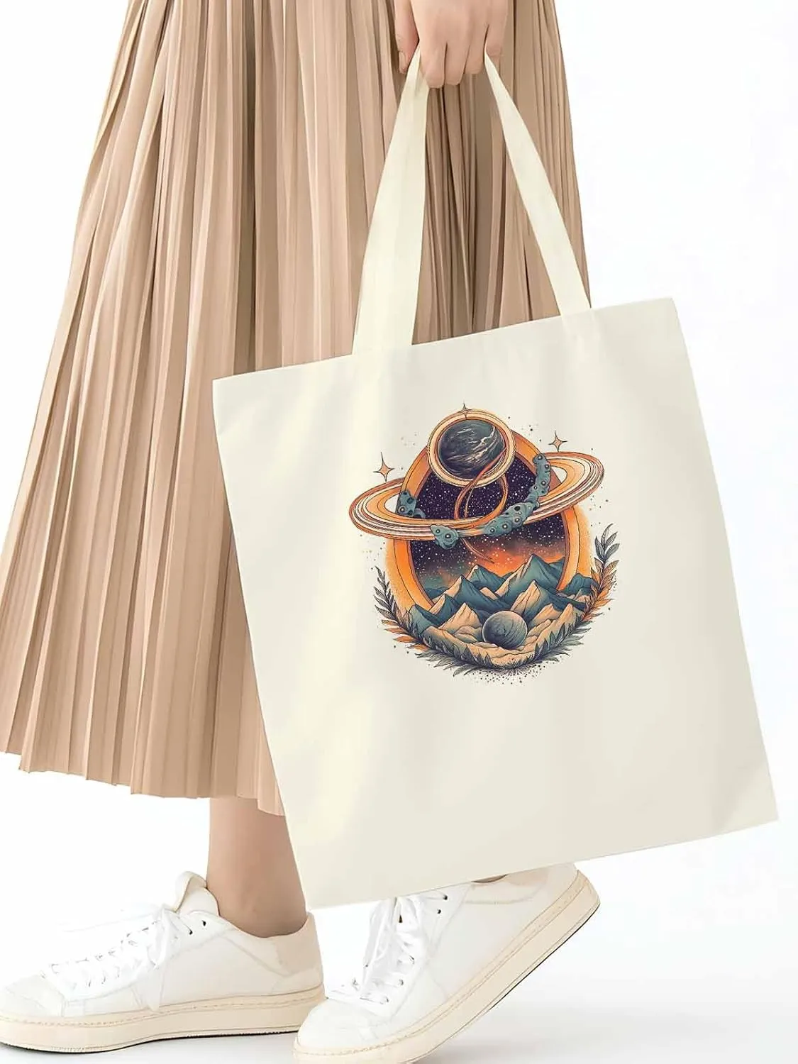 Canvas Tote Bag, Funny Planet Aesthetic Canvas Tote Handbags for Women Shoulder Bag Mountain Leaves