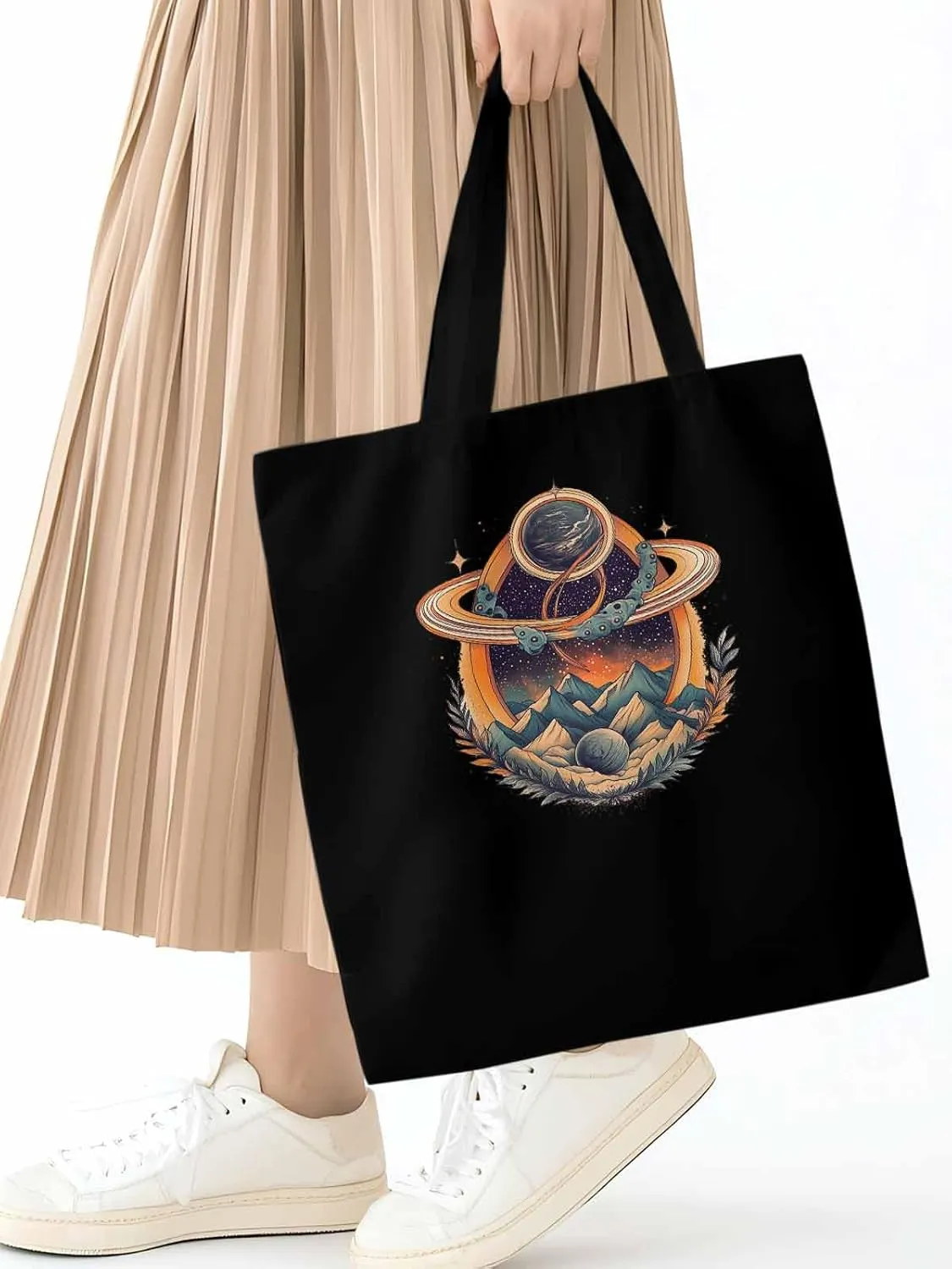 Canvas Tote Bag, Funny Planet Aesthetic Canvas Tote Handbags for Women Shoulder Bag Mountain Leaves